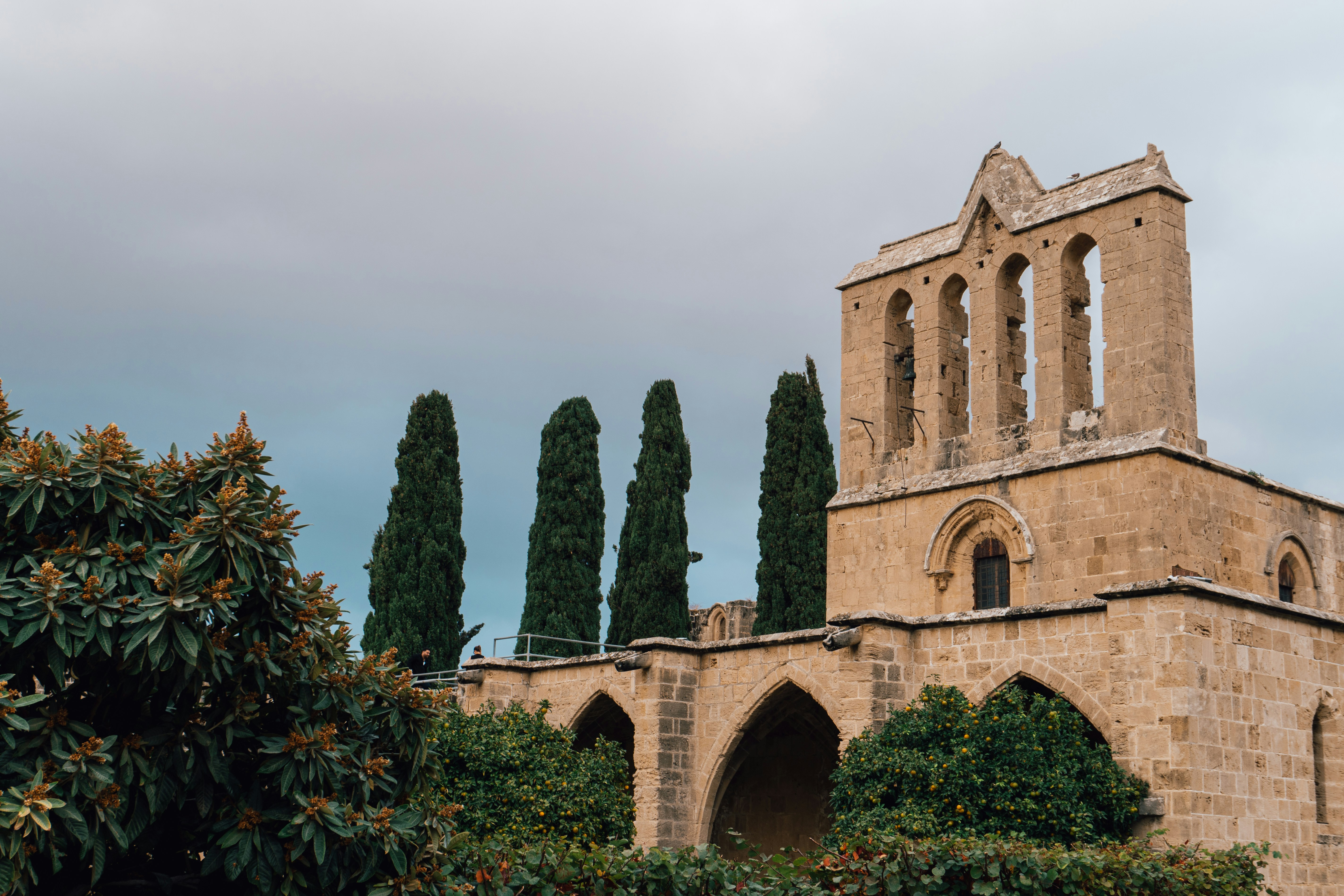 Ancient stone ruins with tall cypress trees under cloudy sky