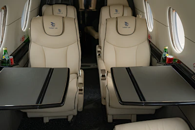 Luxurious interior of a private jet with plush seating.