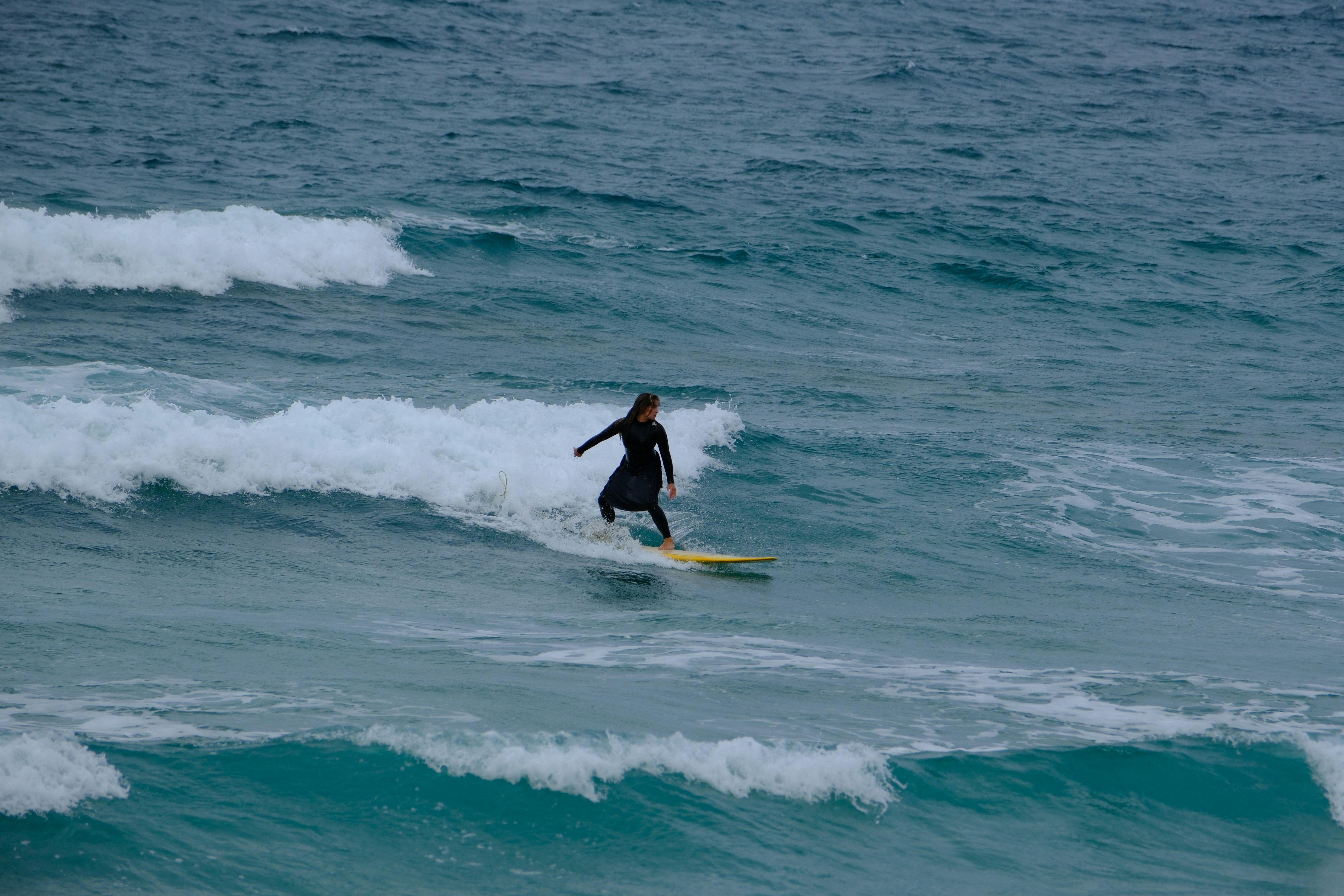 A surfer rides a wave on a surfboard.