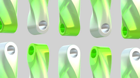 Twisted green and white objects in a grid