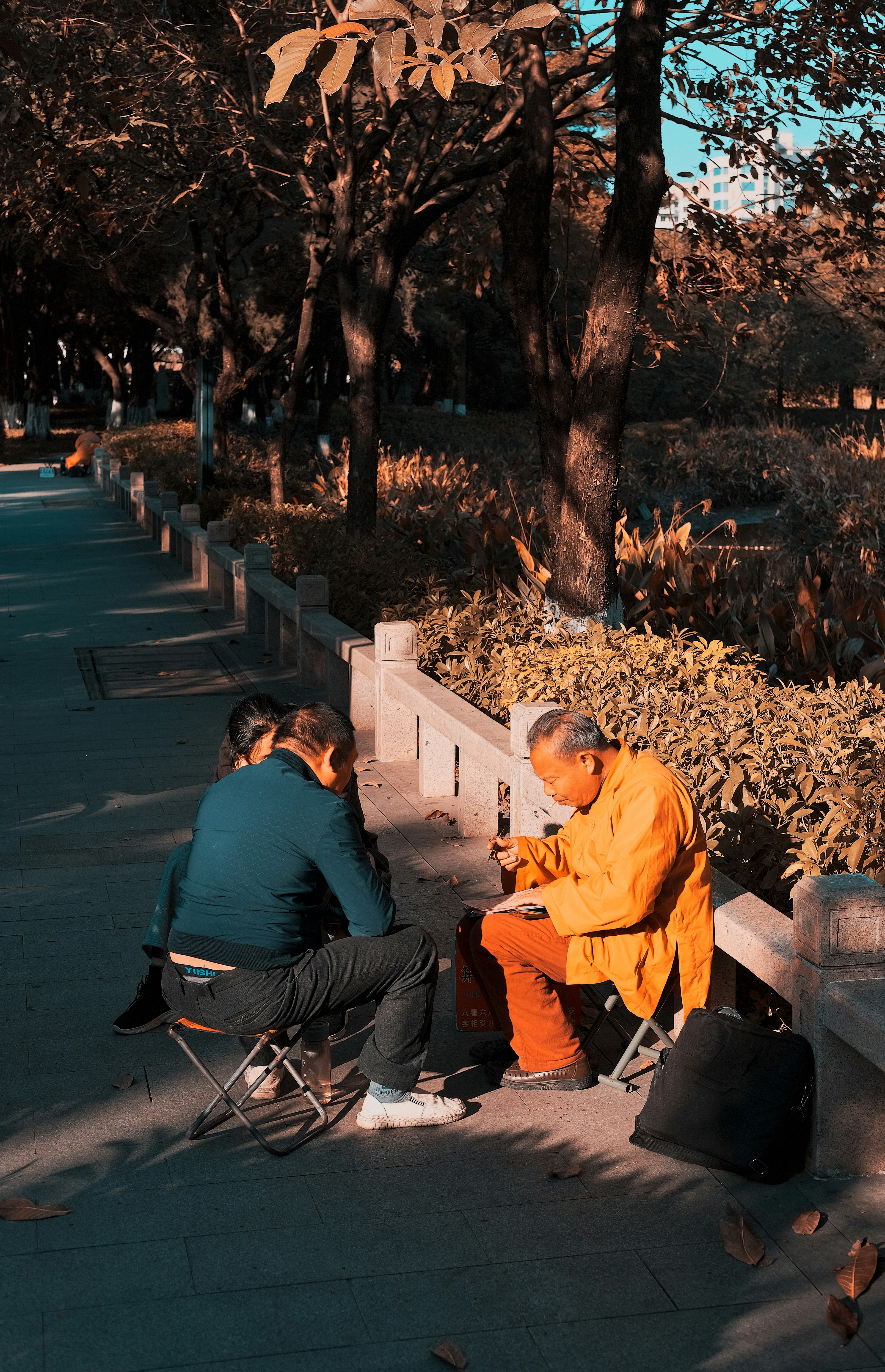 Two men sitting on chairs in a park playing chess.