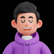 A smiling cartoon man in a purple hoodie