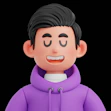 A smiling cartoon man in a purple hoodie