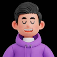 A smiling cartoon man in a purple hoodie