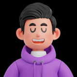 A smiling cartoon man in a purple hoodie