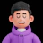 A smiling cartoon man in a purple hoodie