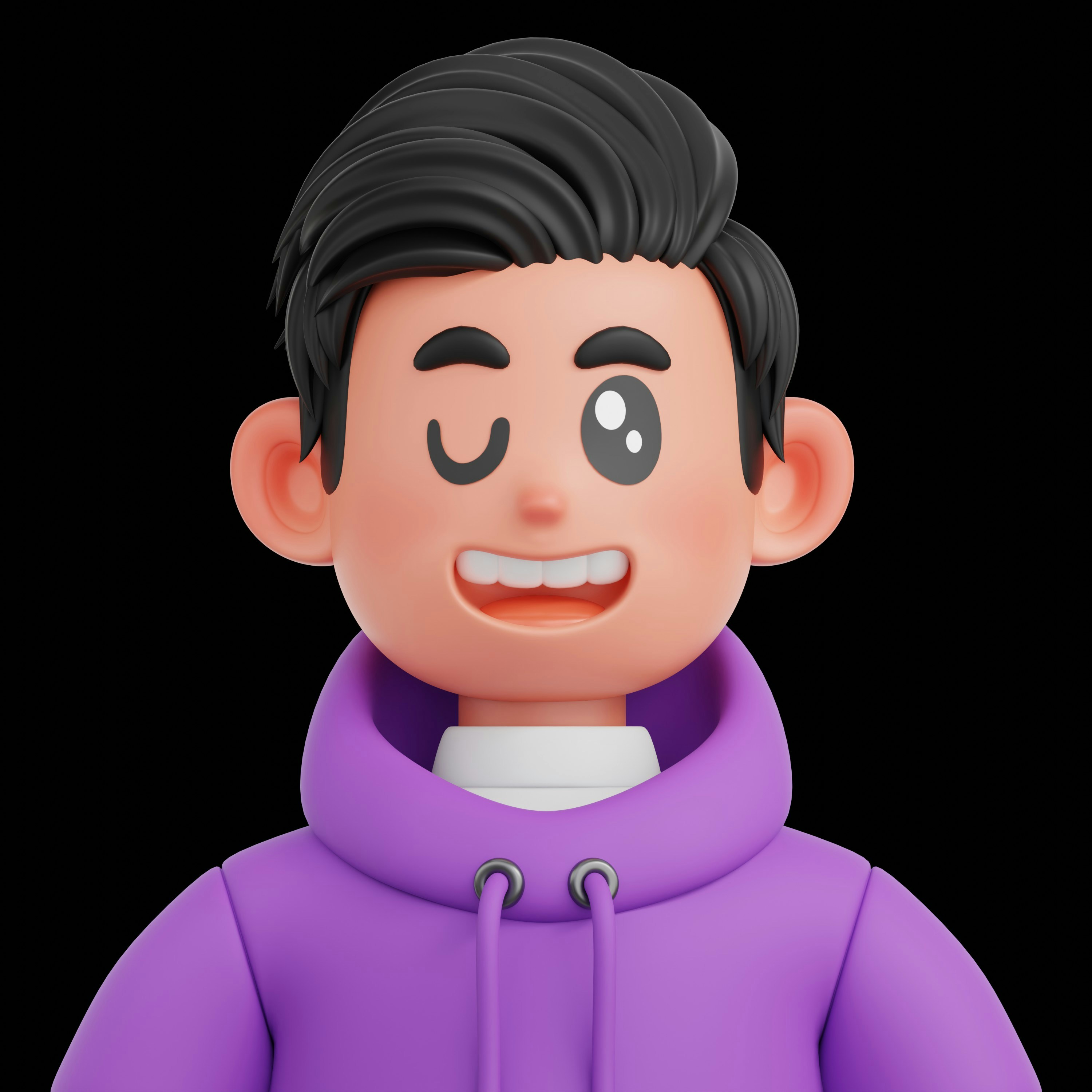 Un uomo dei cartoni animati con una felpa viola fa l'occhiolino.