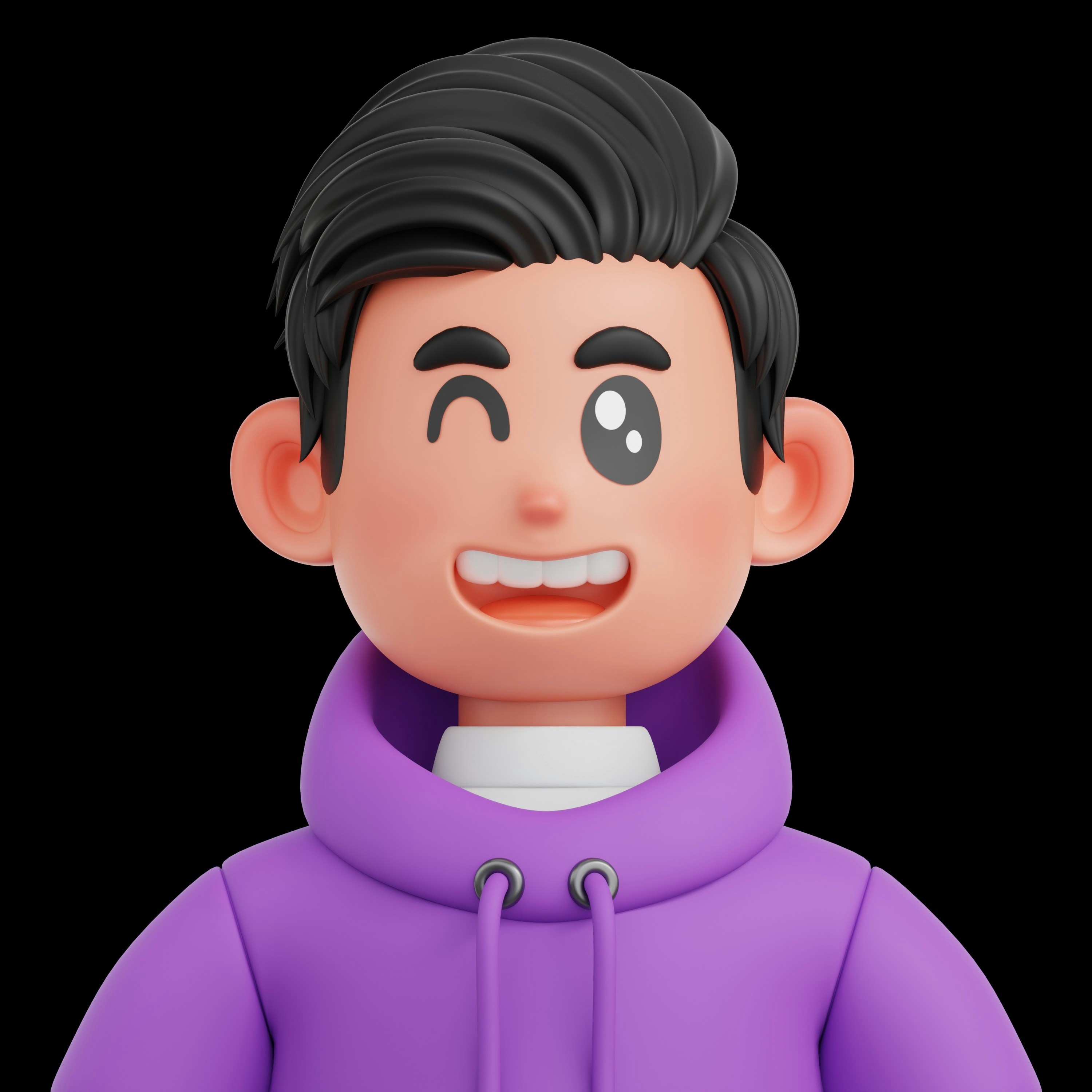A cartoon man winks with a purple hoodie