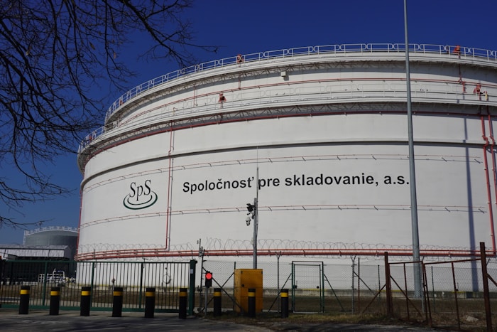 Large industrial petroleum storage tanks