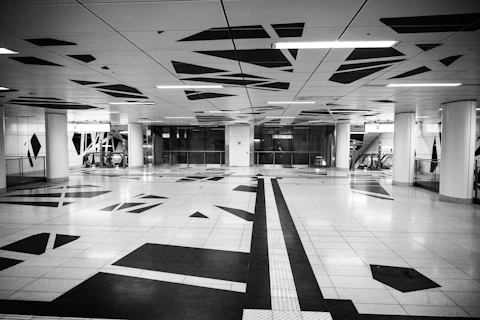 Modern subway station with geometric floor patterns