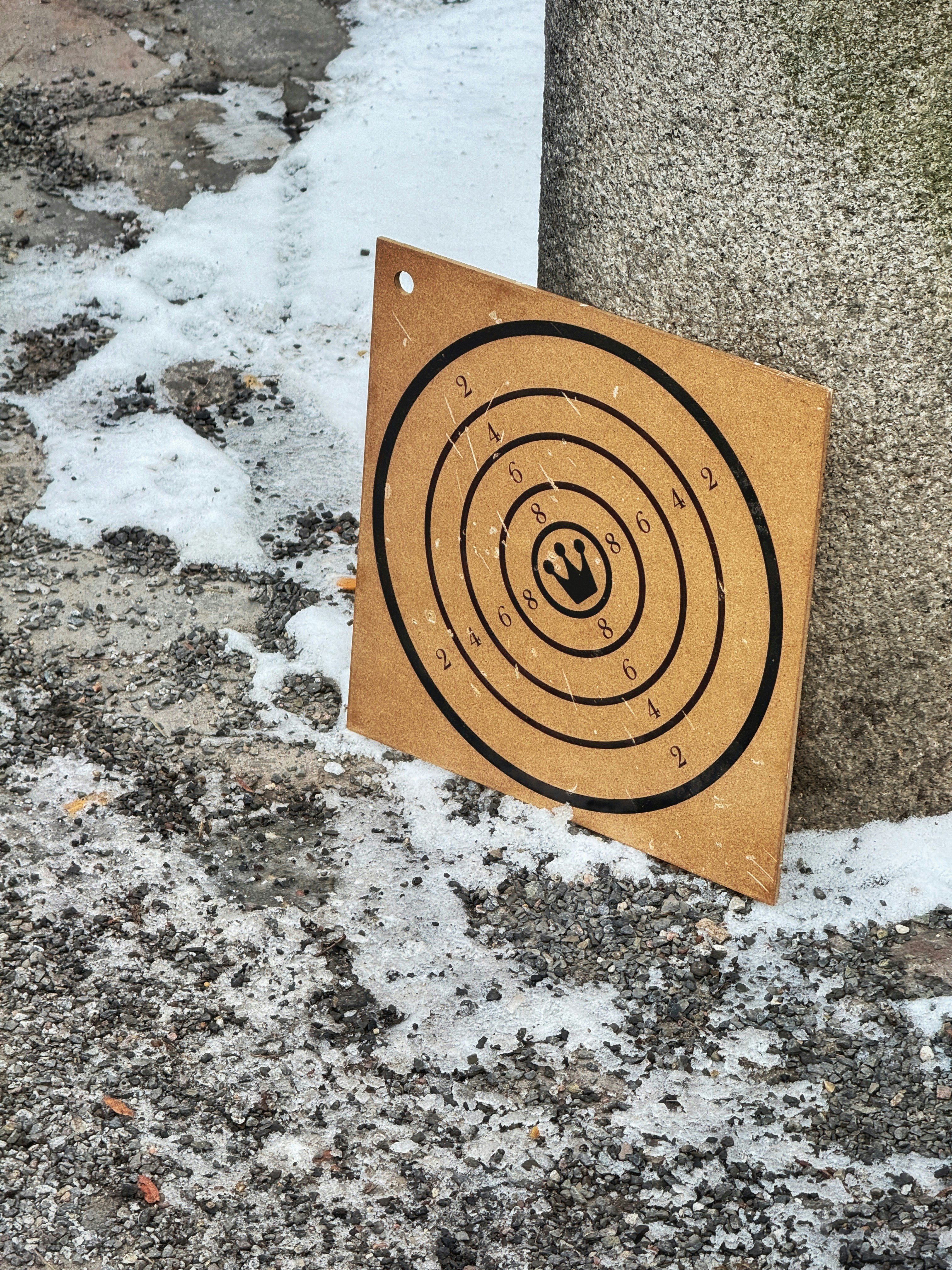 Un blanco de madera con círculos concéntricos y una corona.