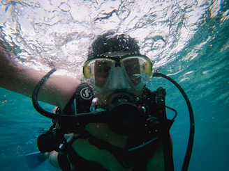 Scuba diver wearing mask and breathing apparatus underwater