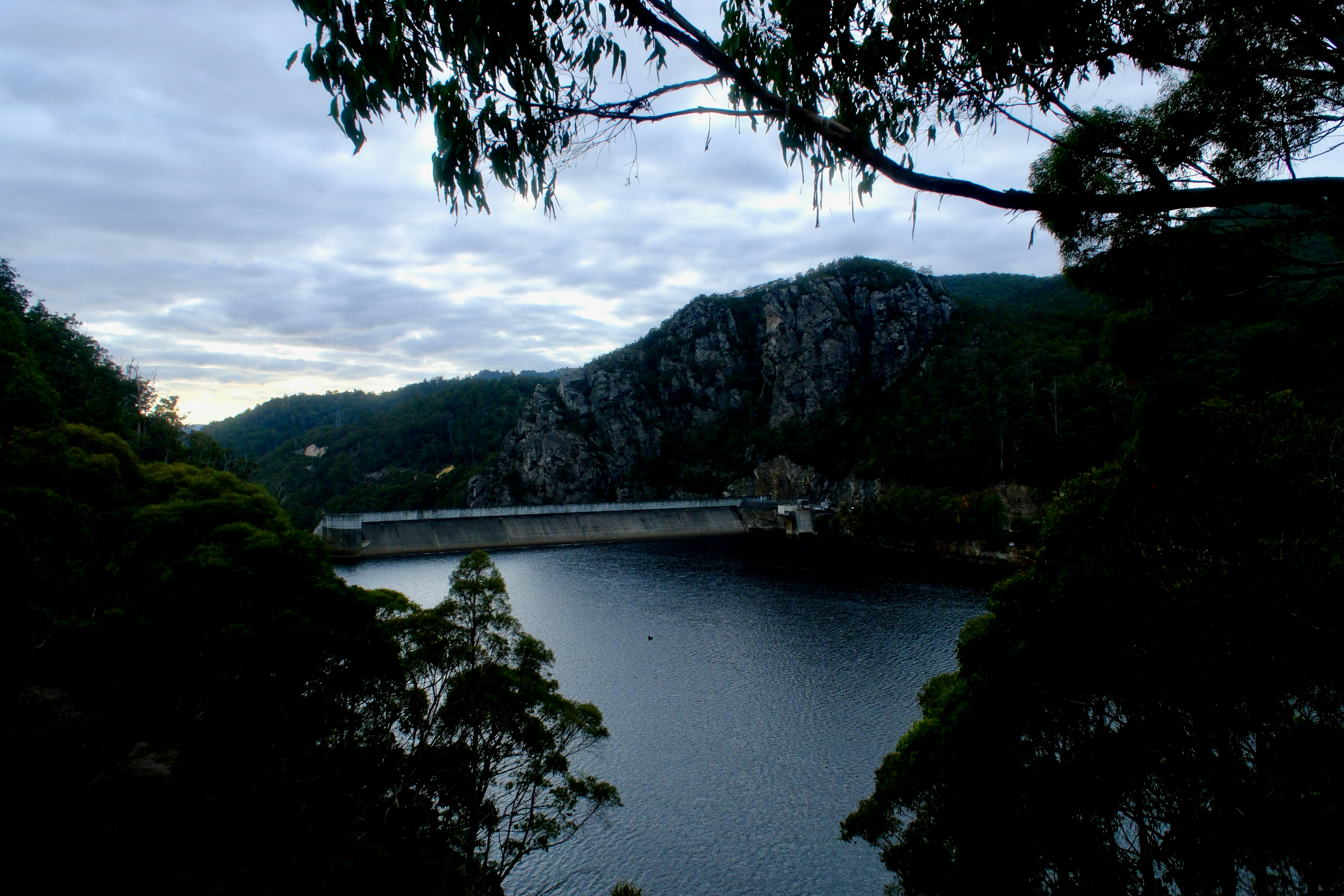Presa y embalse enmarcados por árboles oscuros bajo cielo nublado