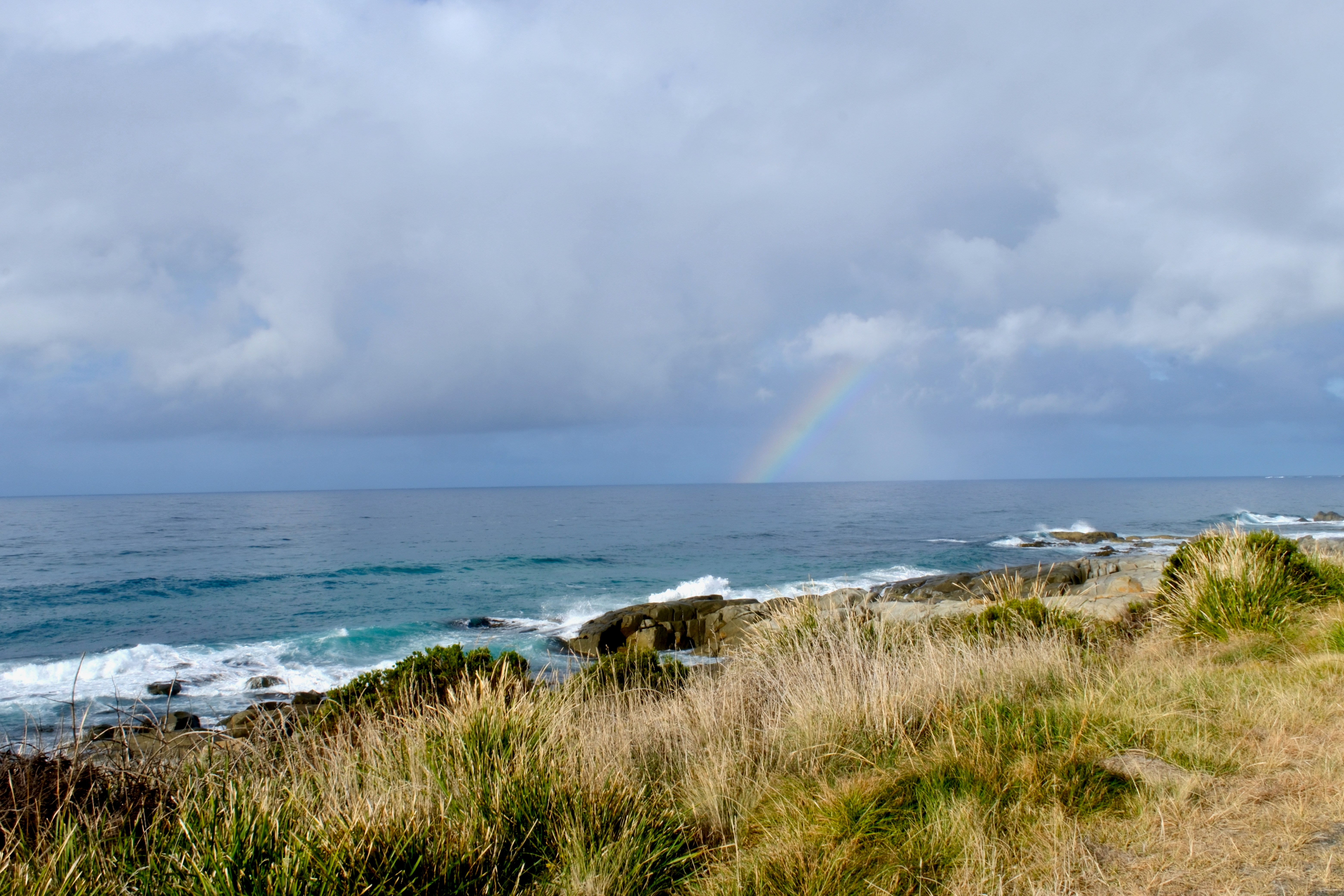 Las olas del océano rompen contra la costa rocosa bajo un cielo nublado