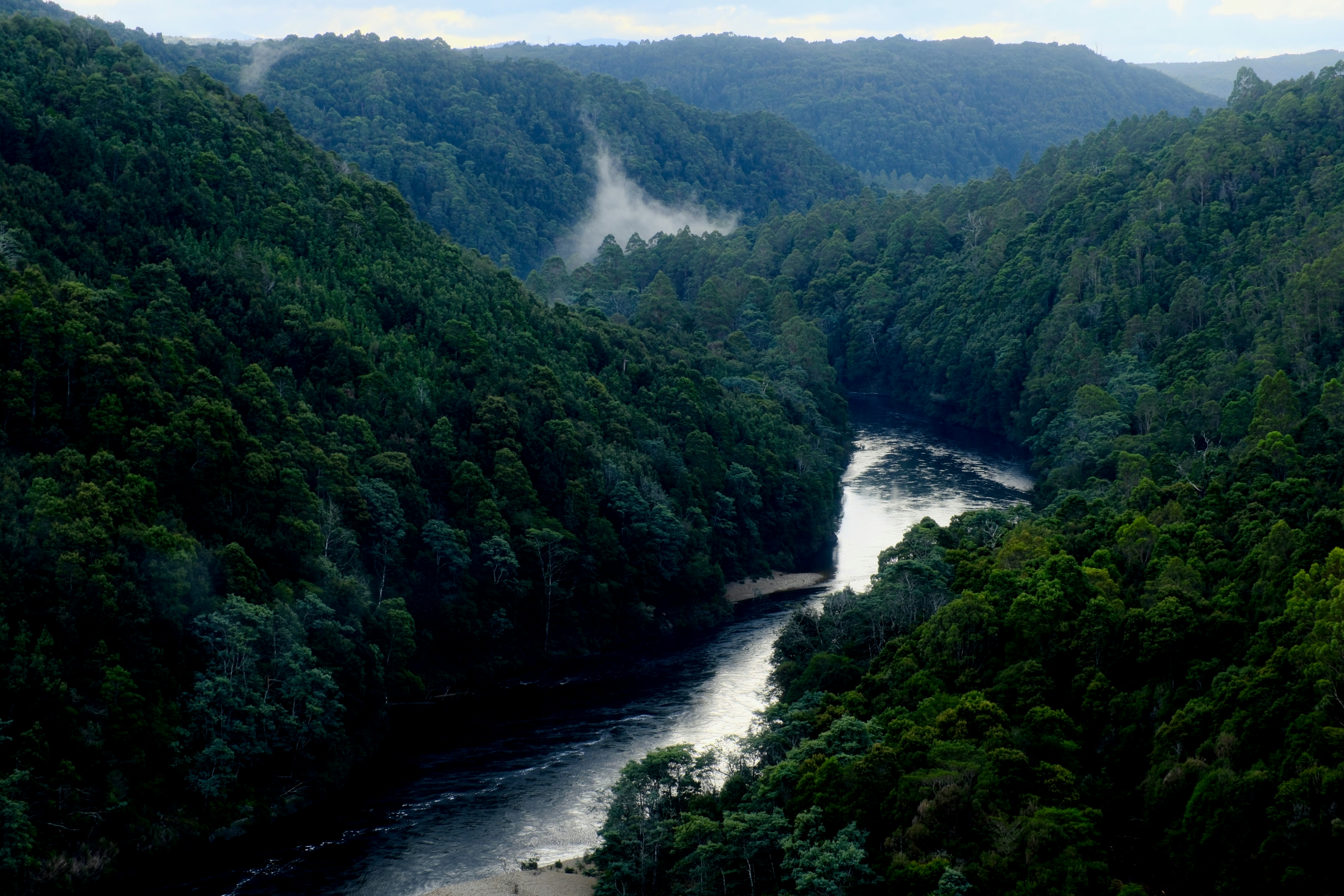 Un río serpenteante atraviesa un valle boscoso y verde y frondoso.