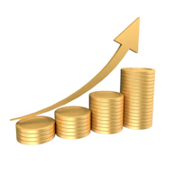 Stacks of gold coins with an upward trending arrow