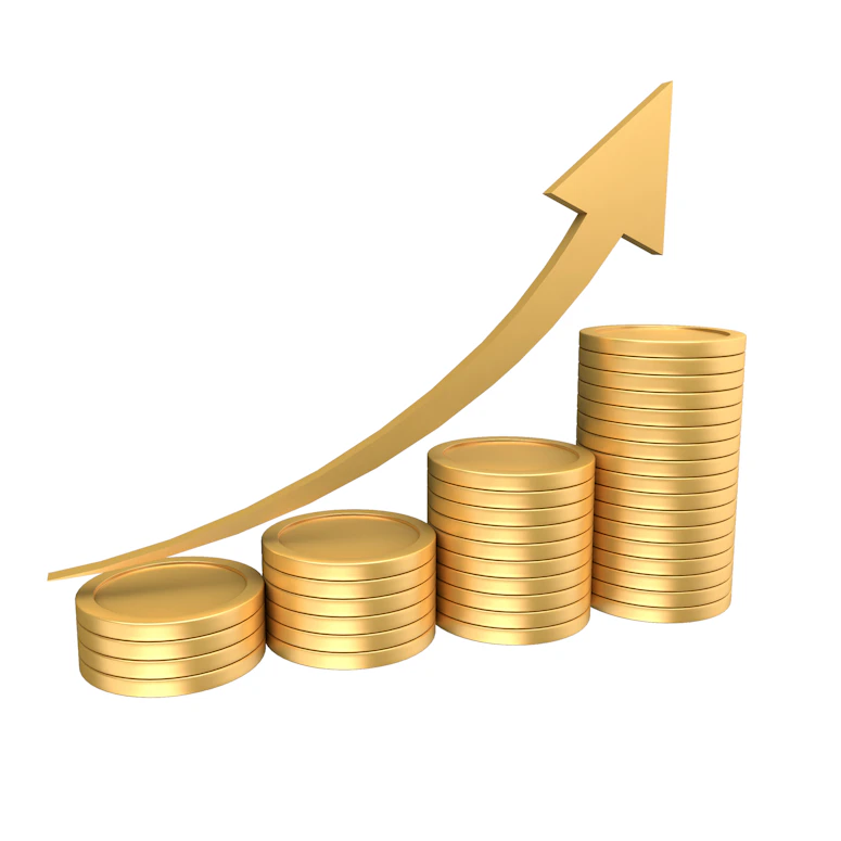 Stacks of gold coins with an upward trending arrow