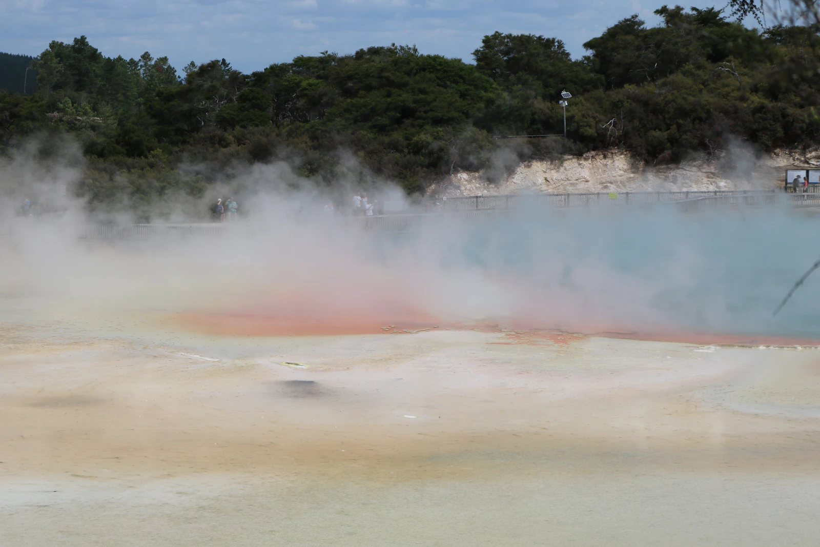 A steaming geothermal pool ringed with mineral deposits at Wai-O-Tapu