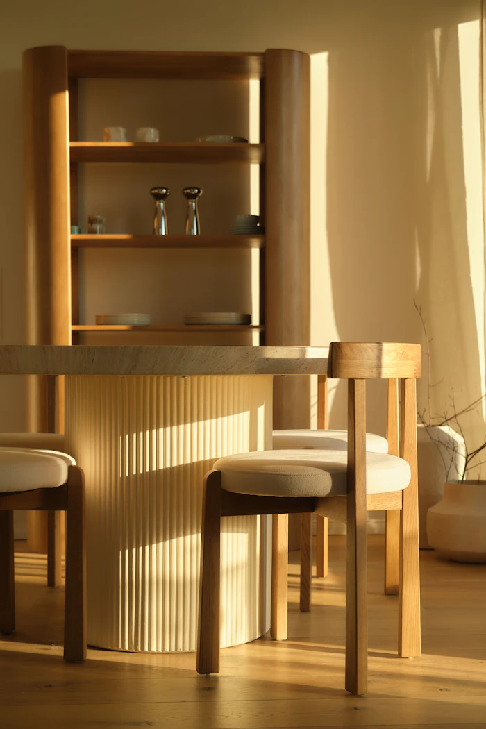 Fluted oak joinery in warm afternoon light