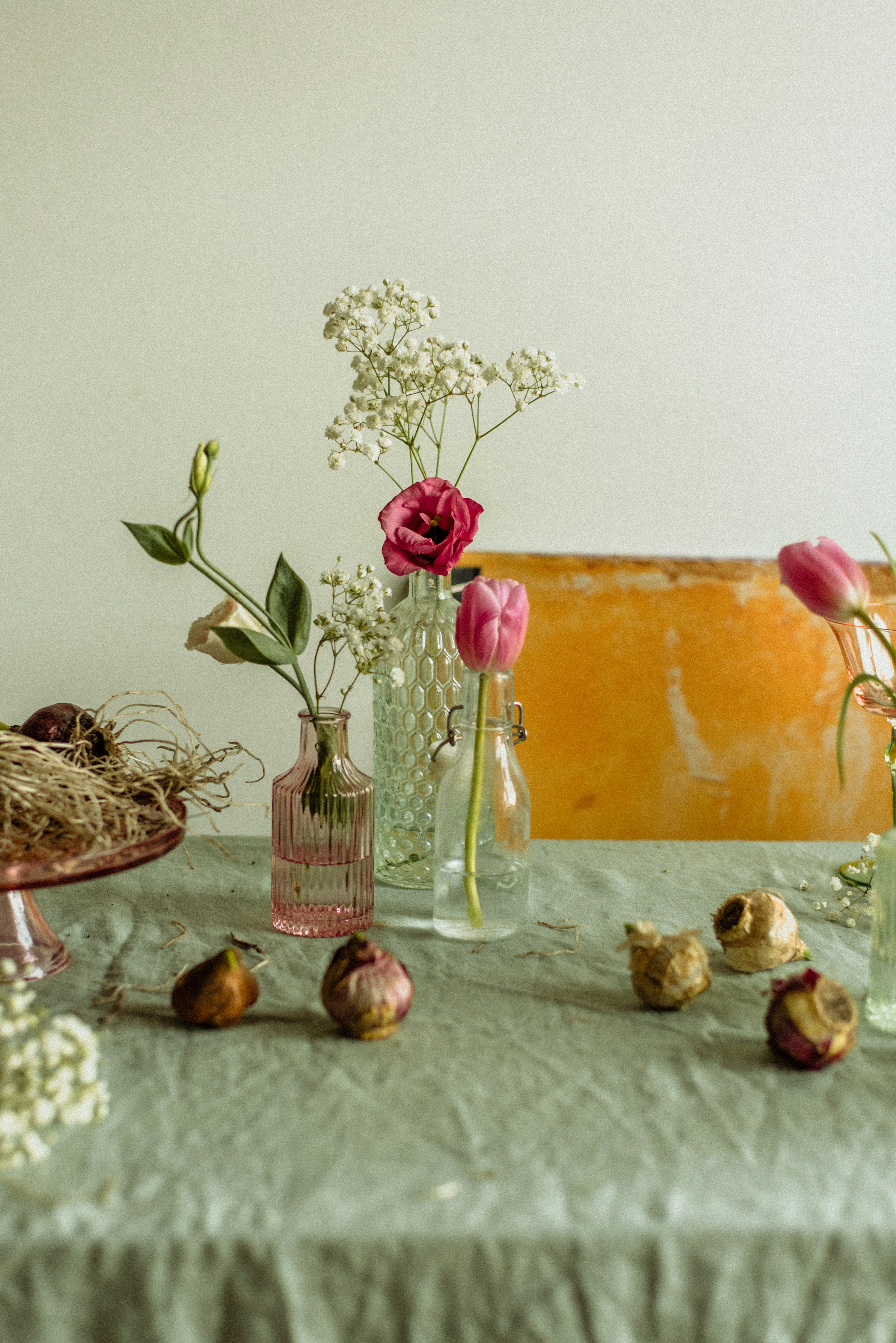 Flowers in vases with bulbs on a table