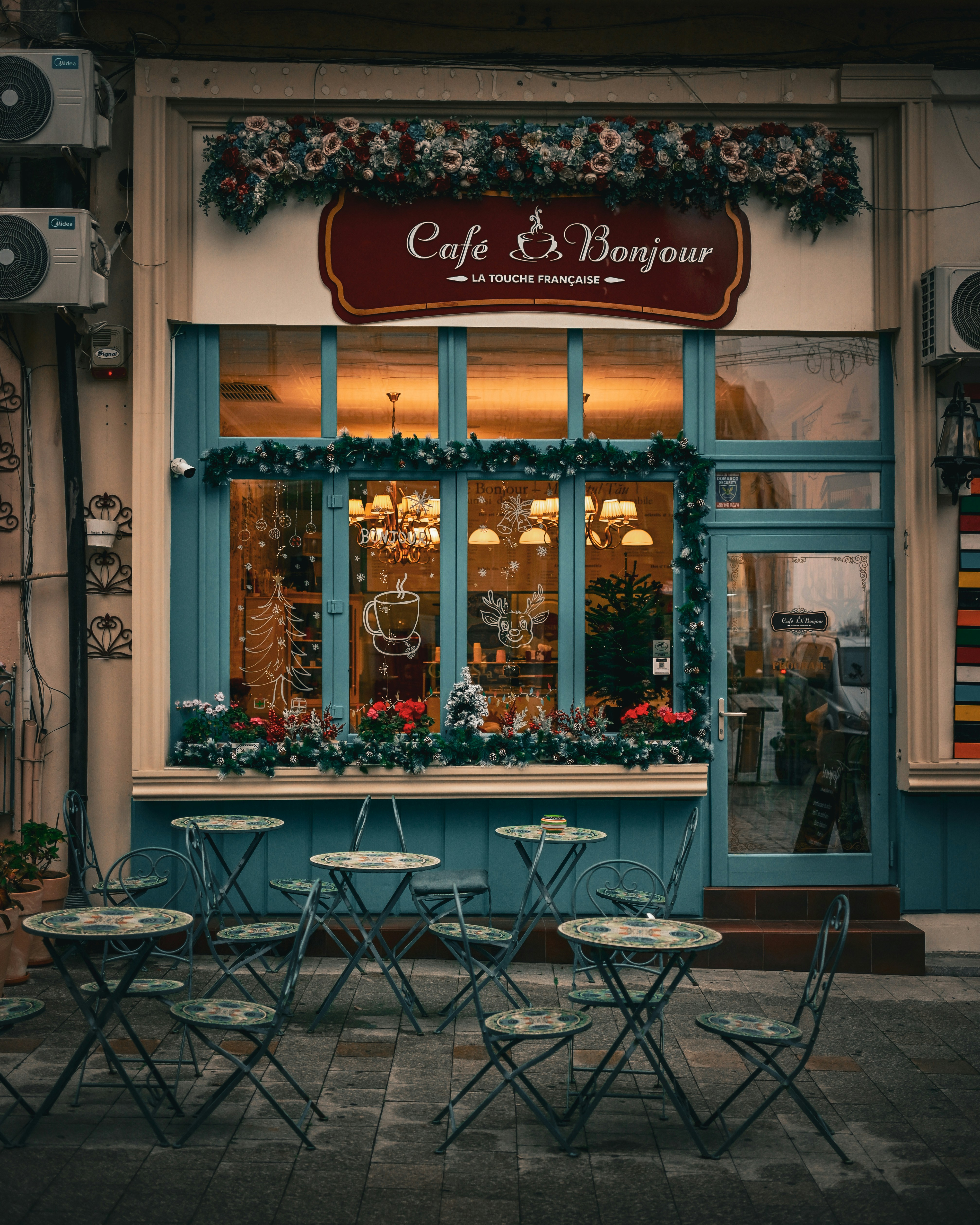 Cafe bonjour storefront with outdoor seating
