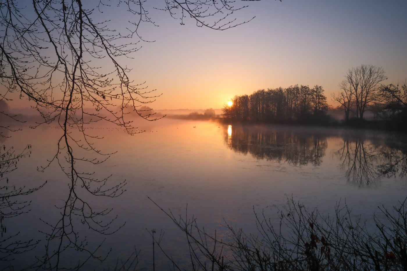 Morgensonne über einem ruhigen See mit Bäumen und leichtem Nebel