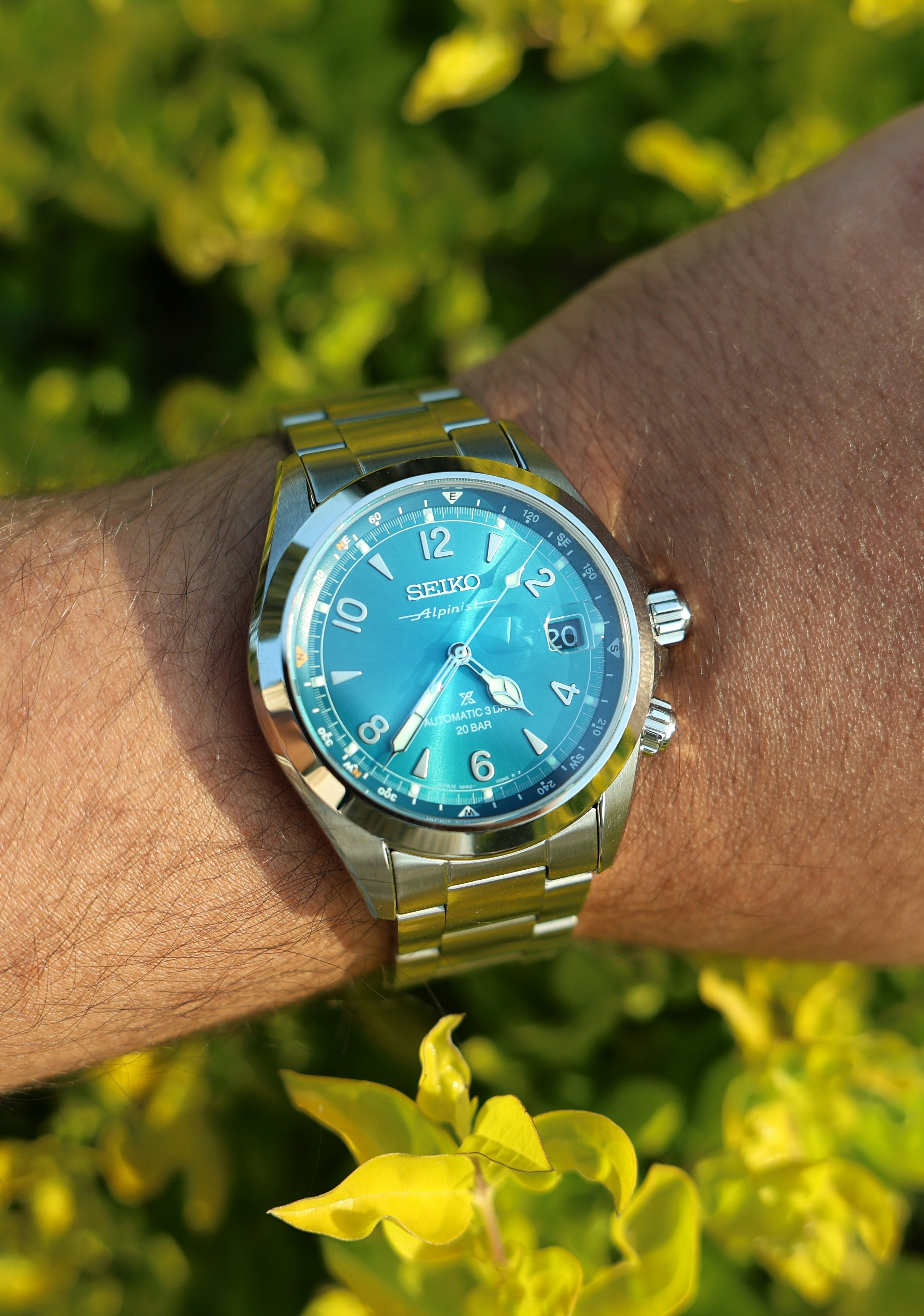 Seiko watch on a wrist with green foliage background.