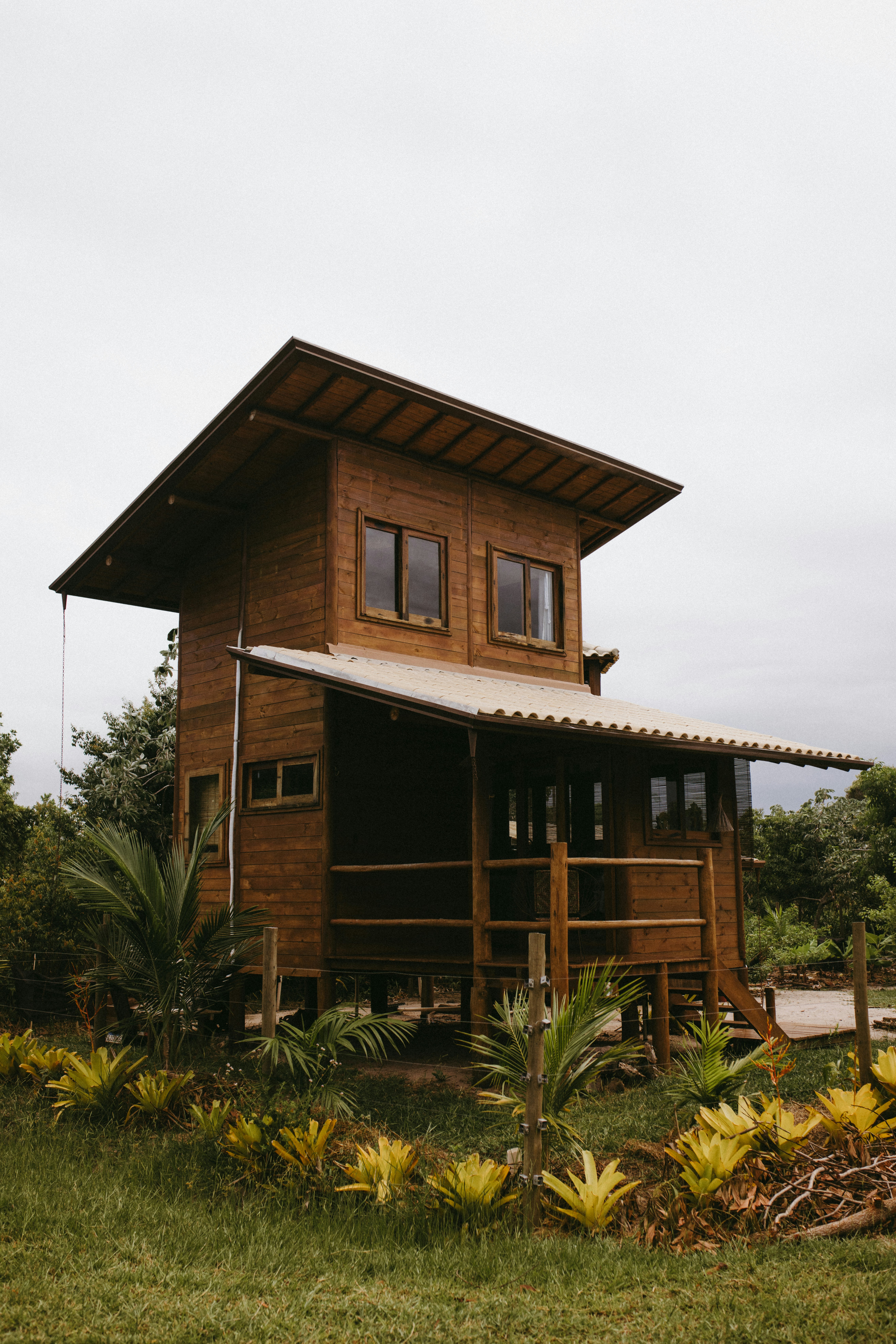 A rustic wooden cabin surrounded by lush greenery.