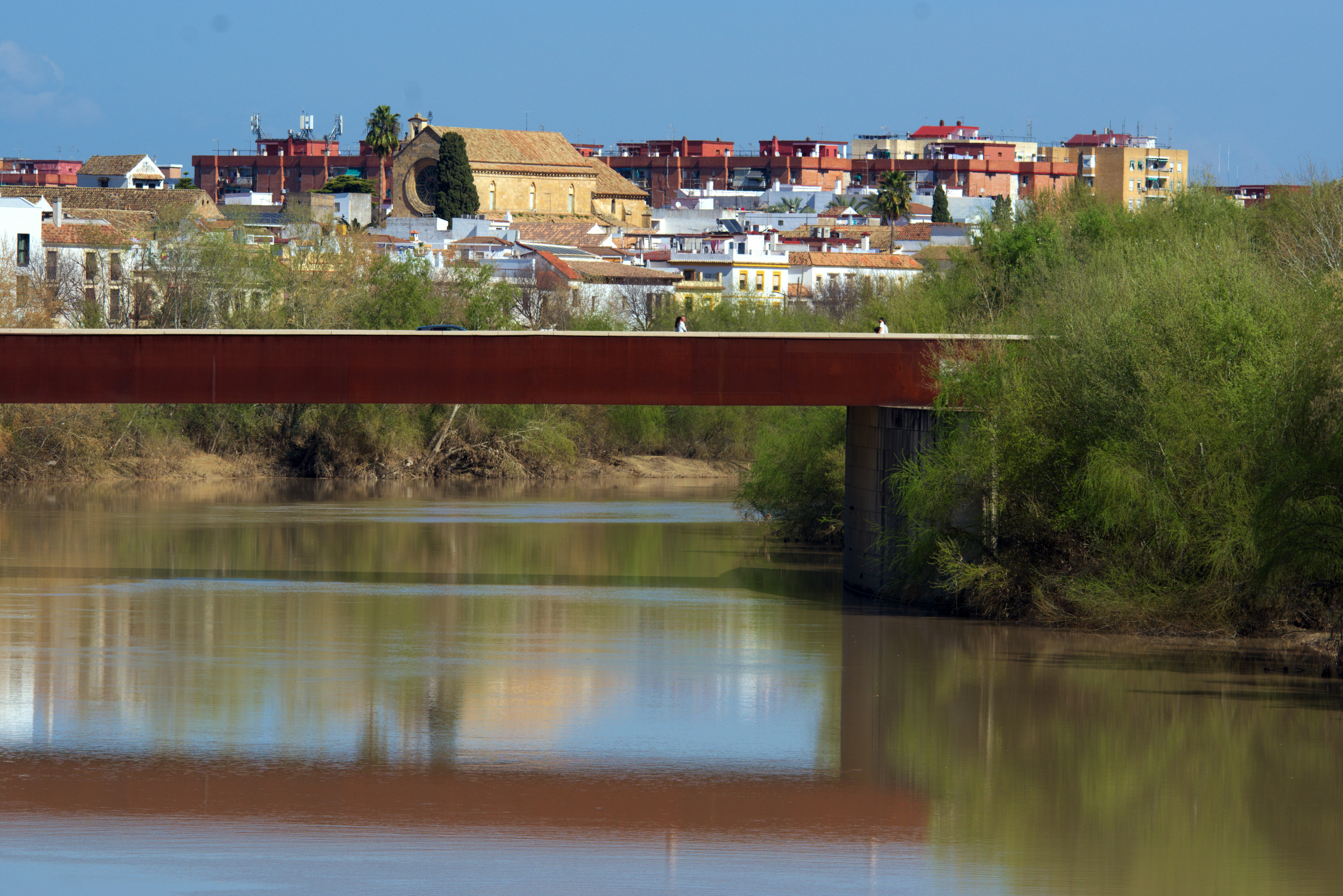 Un puente cruza un río ancho y tranquilo con árboles.