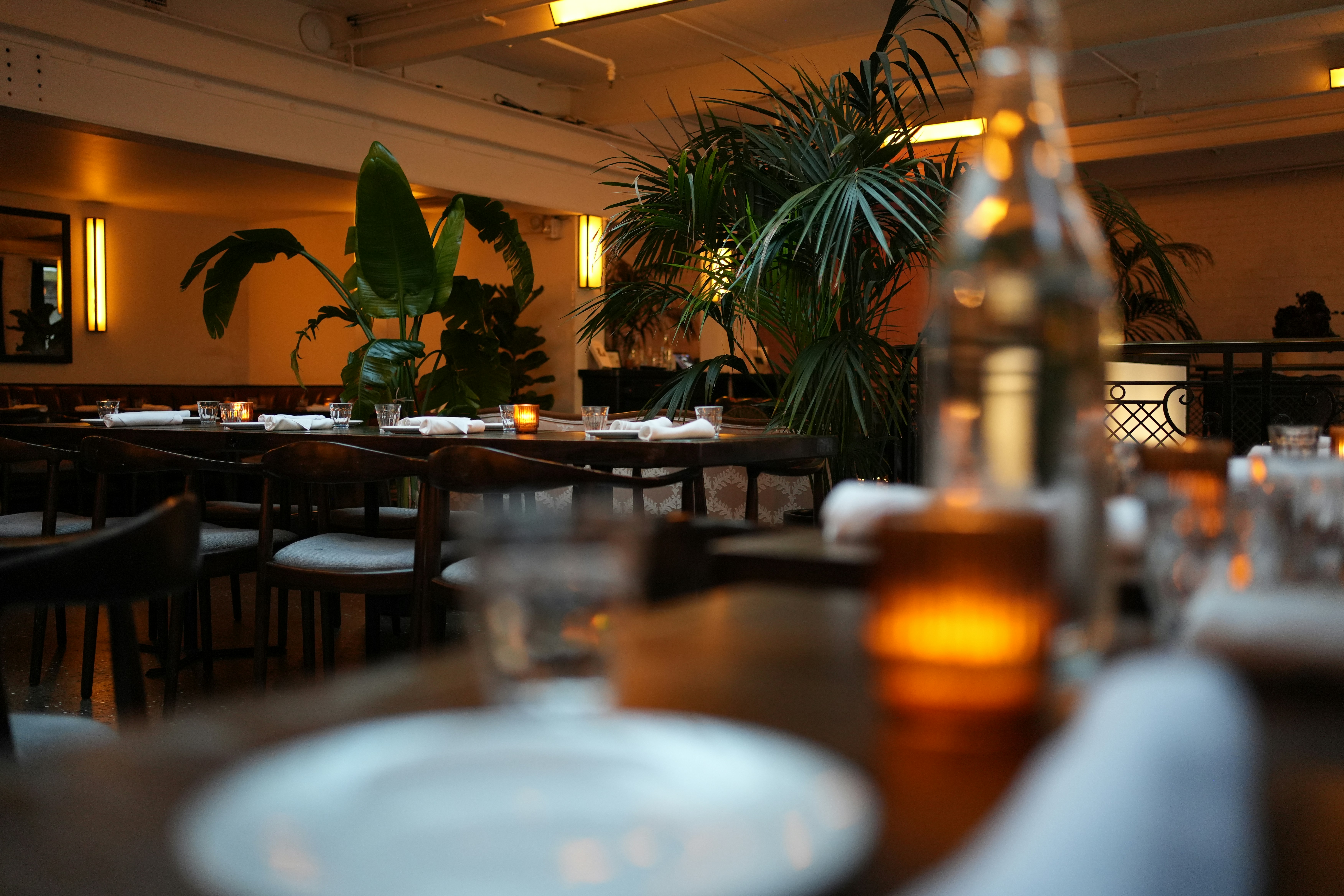 Upscale restaurant dining room with warm candlelit ambiance