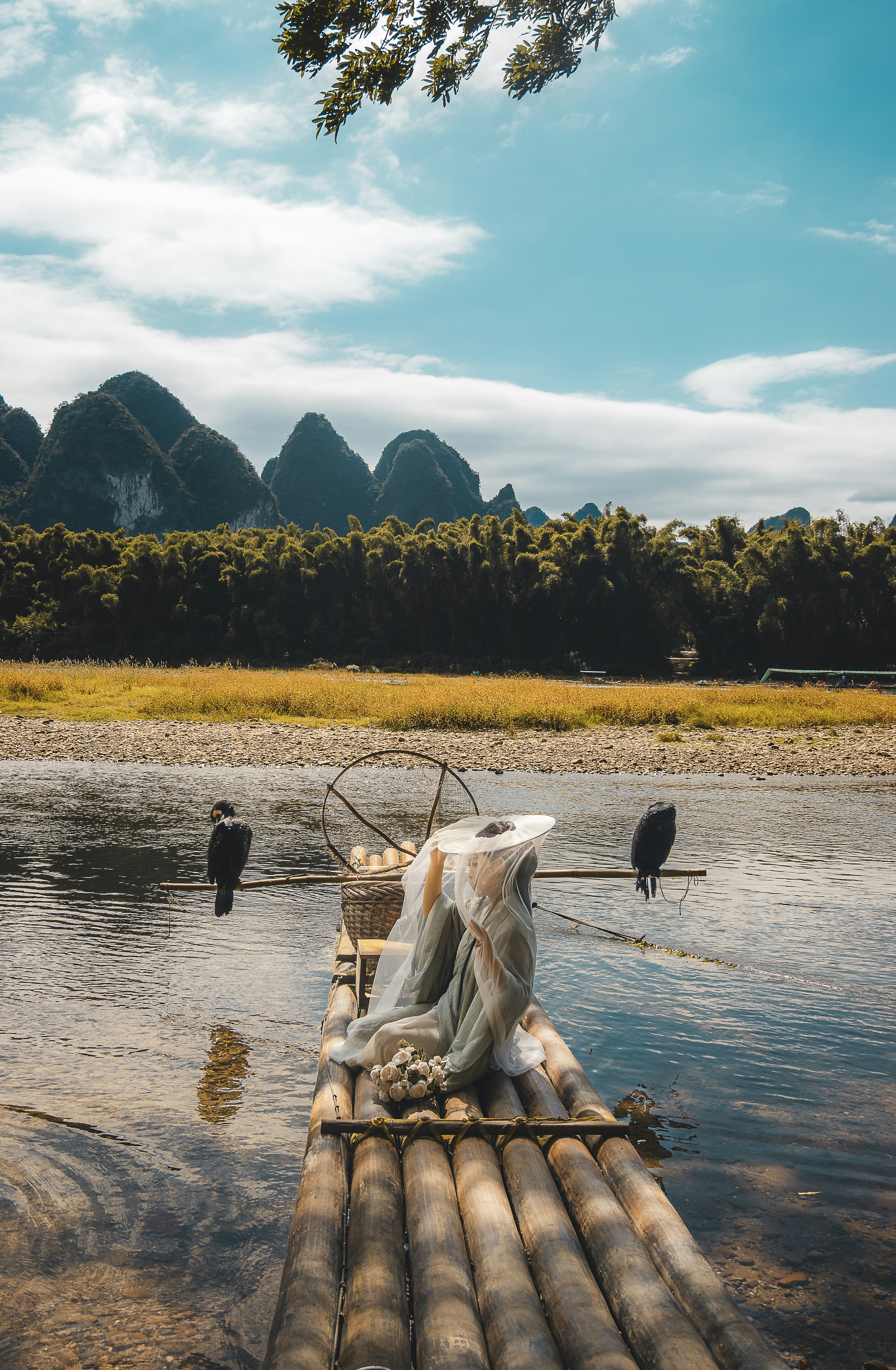 Fisherman with cormorants on a bamboo raft