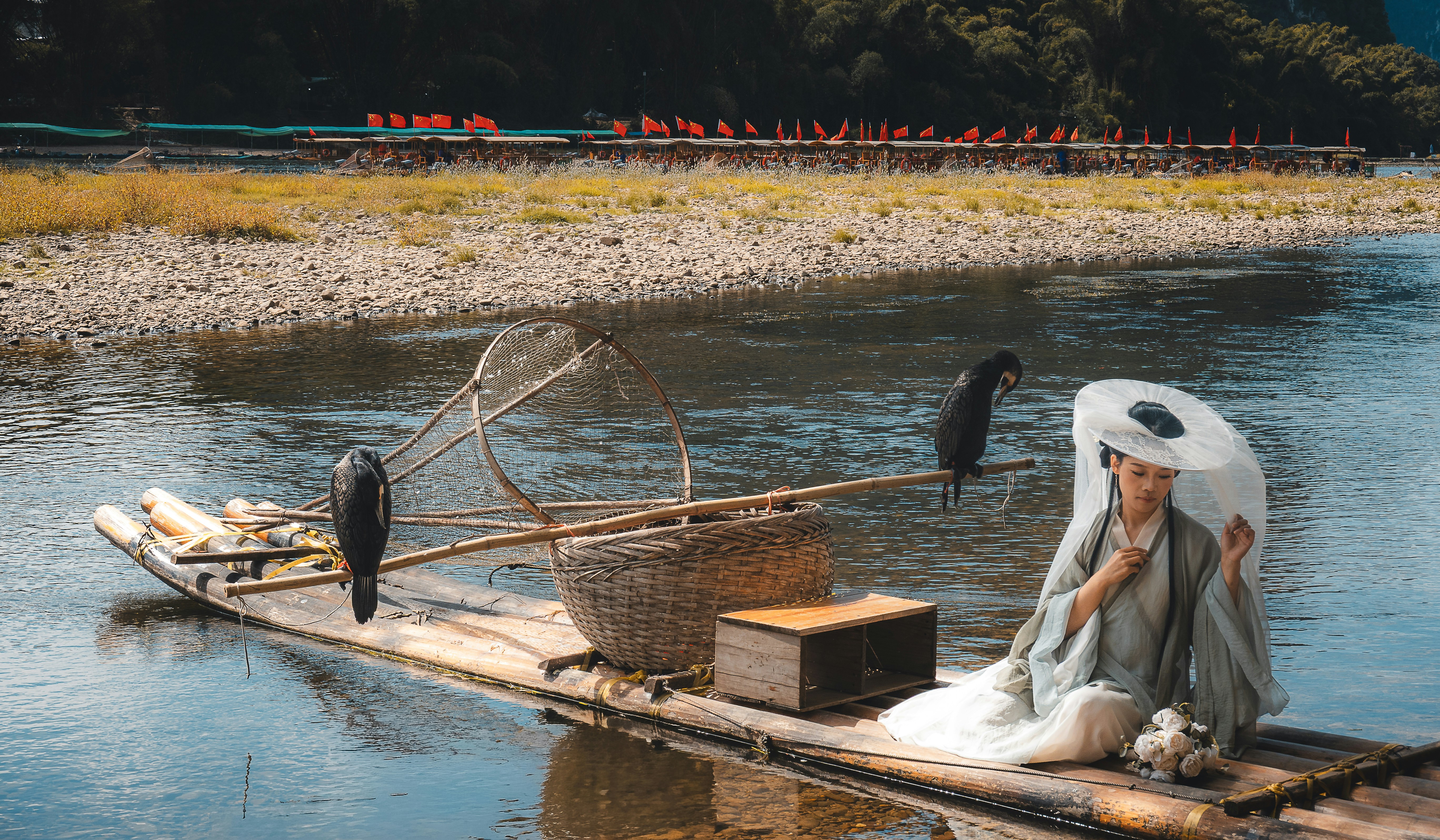 Woman in traditional dress on bamboo raft with cormorants