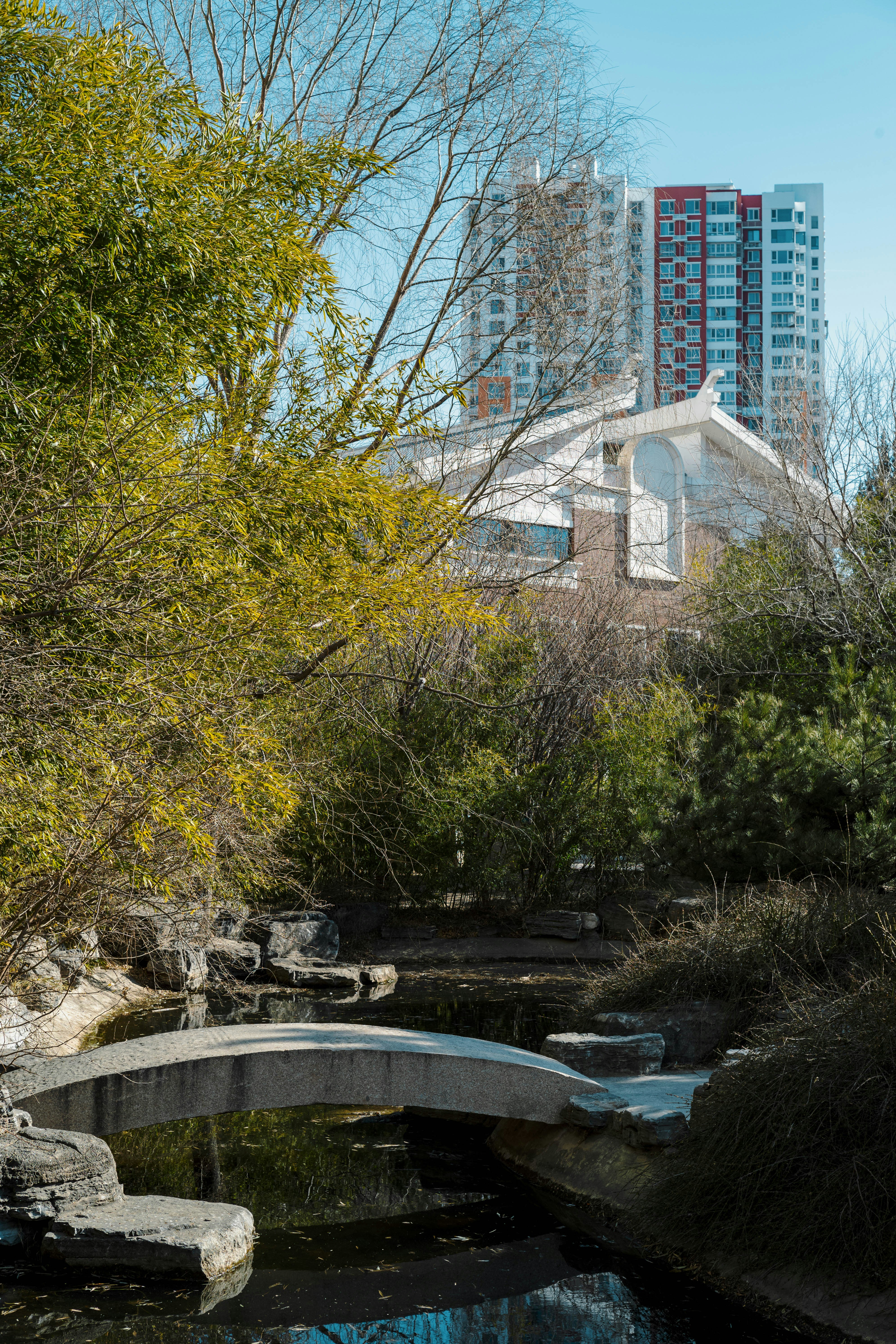 Pont de pierre au-dessus d’un ruisseau dans un parc avec des bâtiments.