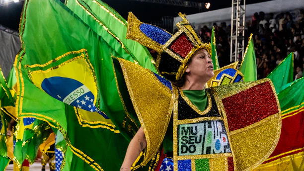 Woman in elaborate costume with brazilian flags