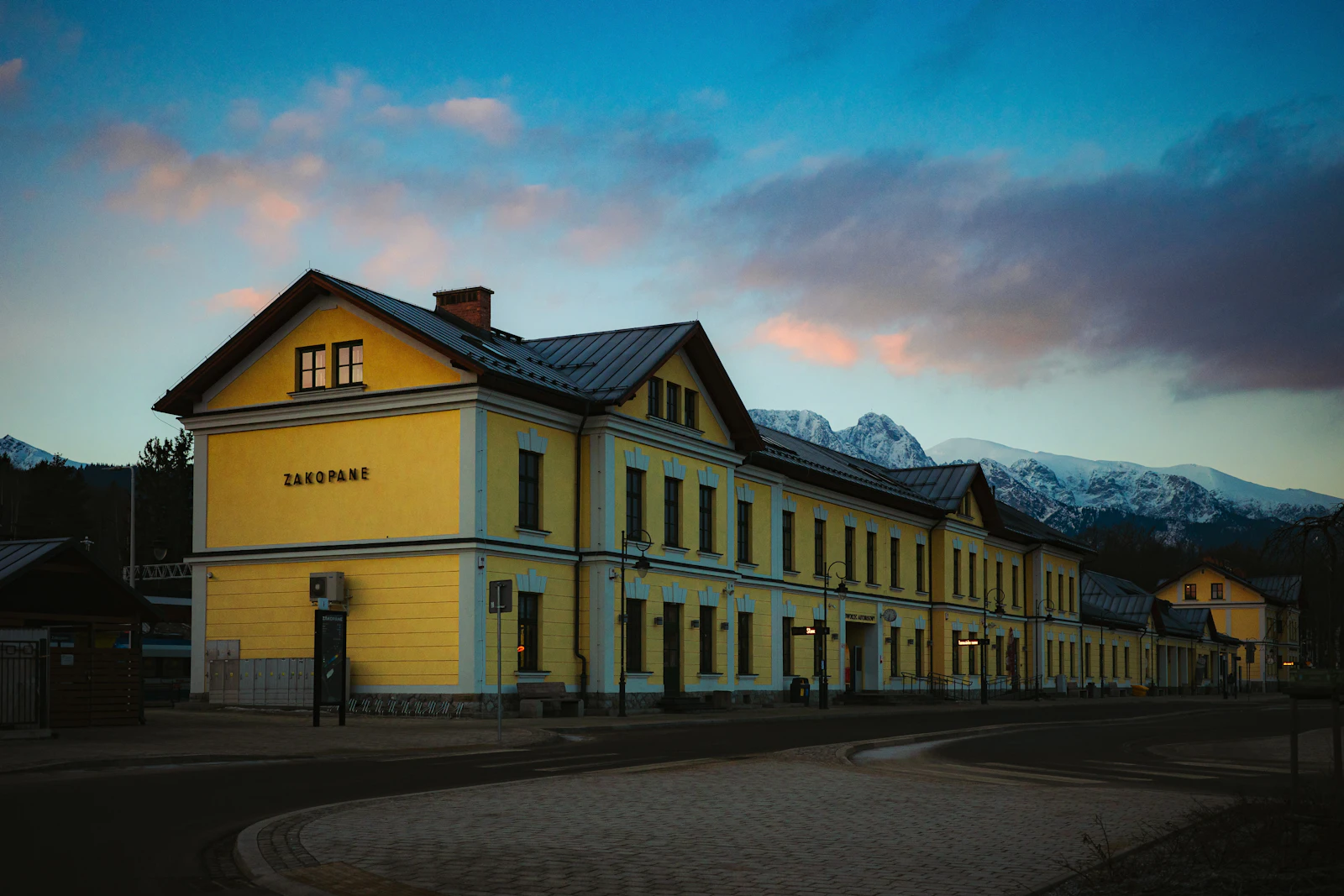 Zakopane mountain town at dusk in winter