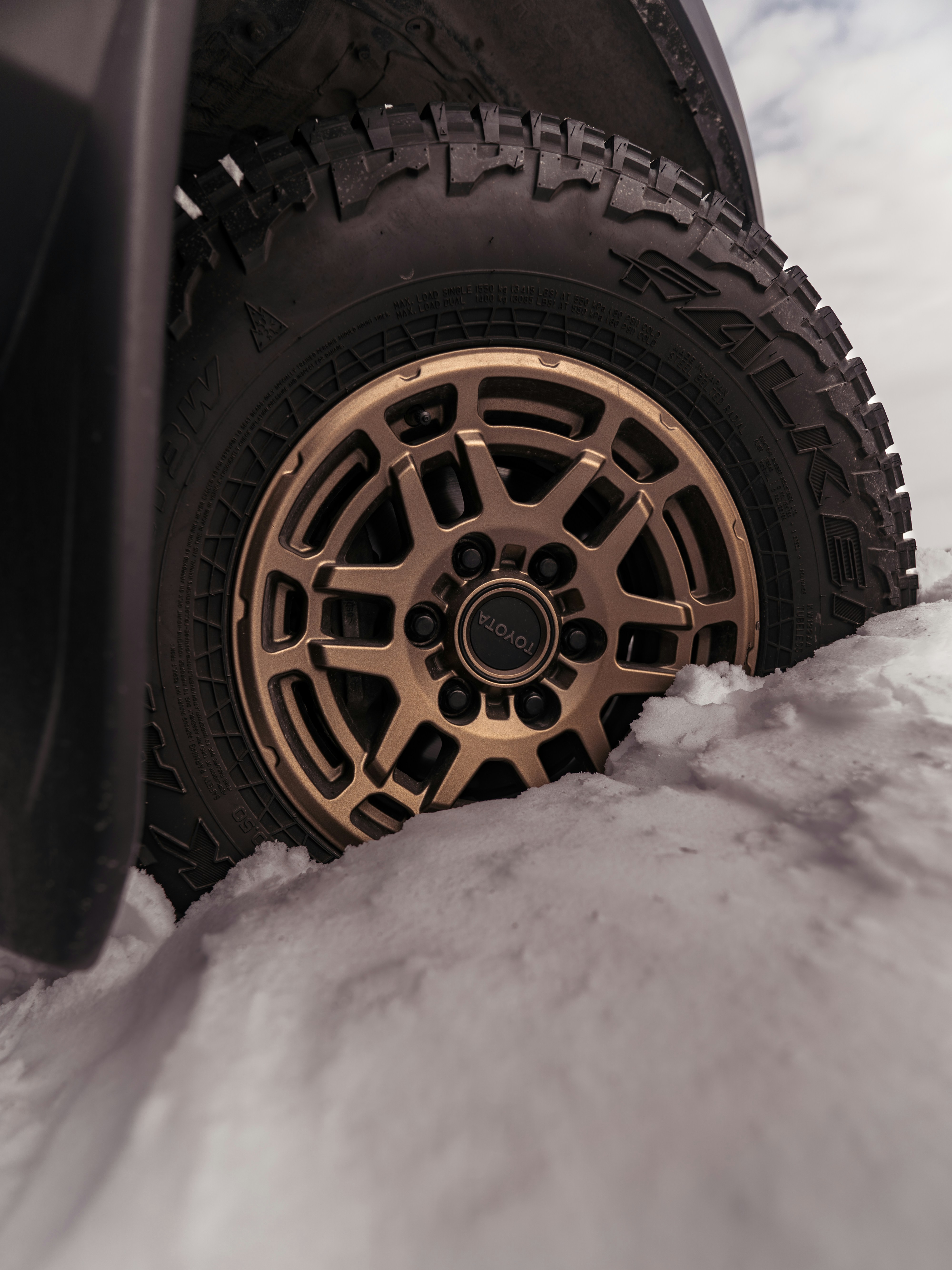 A rugged tire and bronze wheel in snow