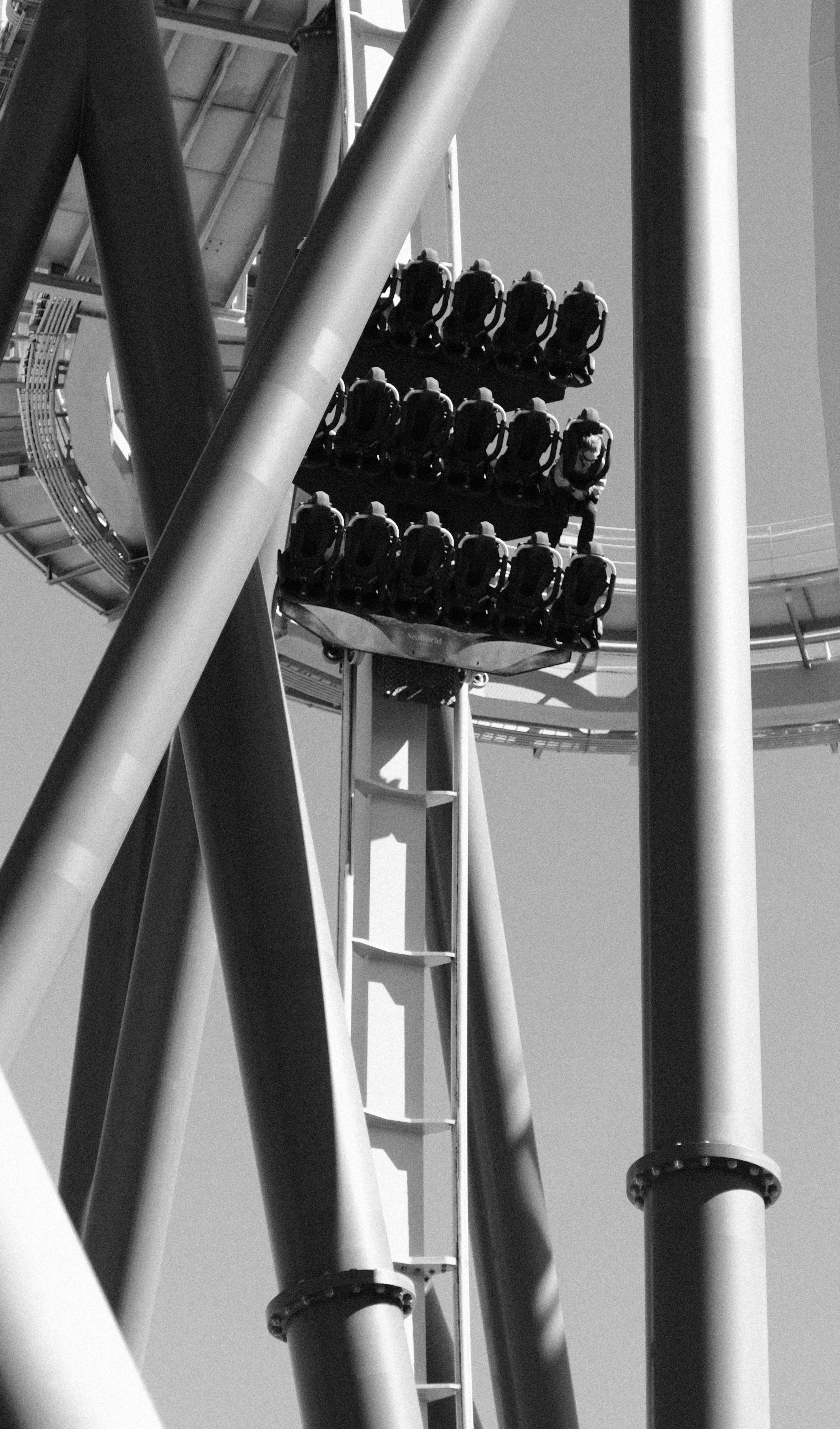 Roller coaster cars ascend a steep track