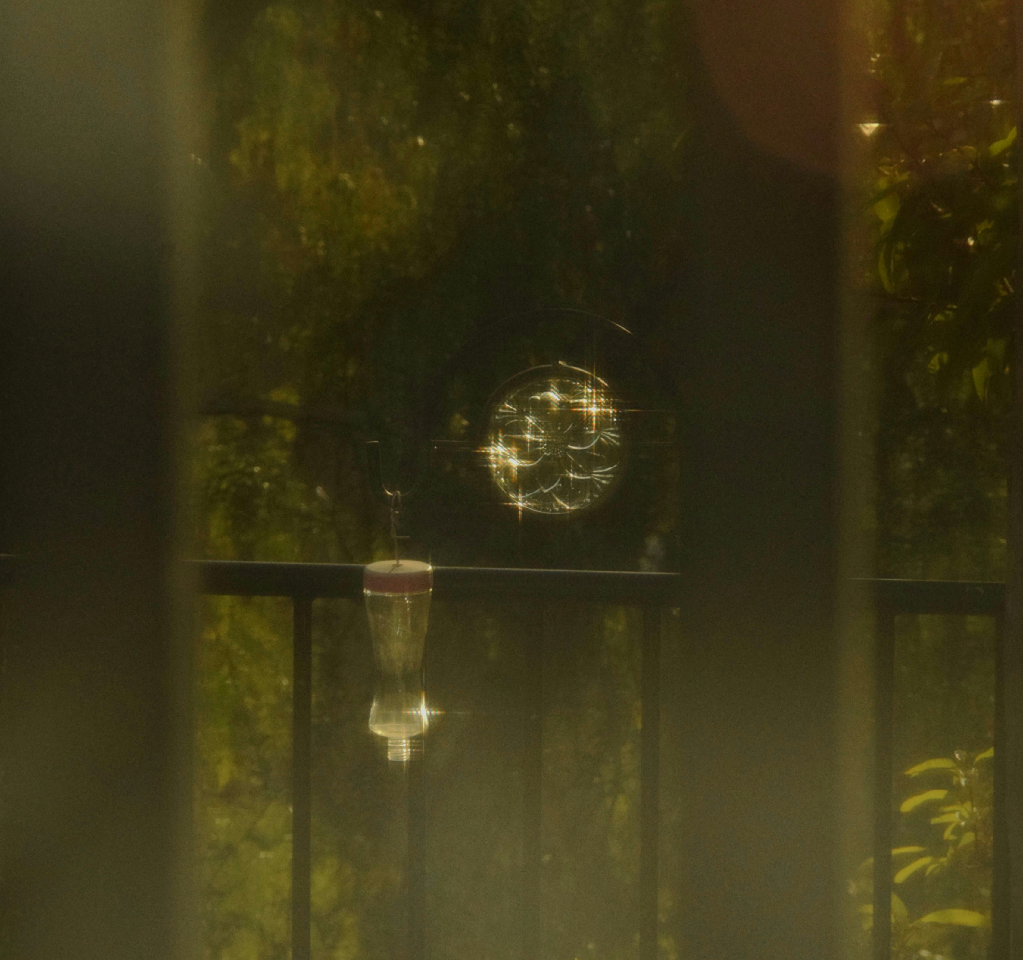 Glass bottle with liquid on a railing