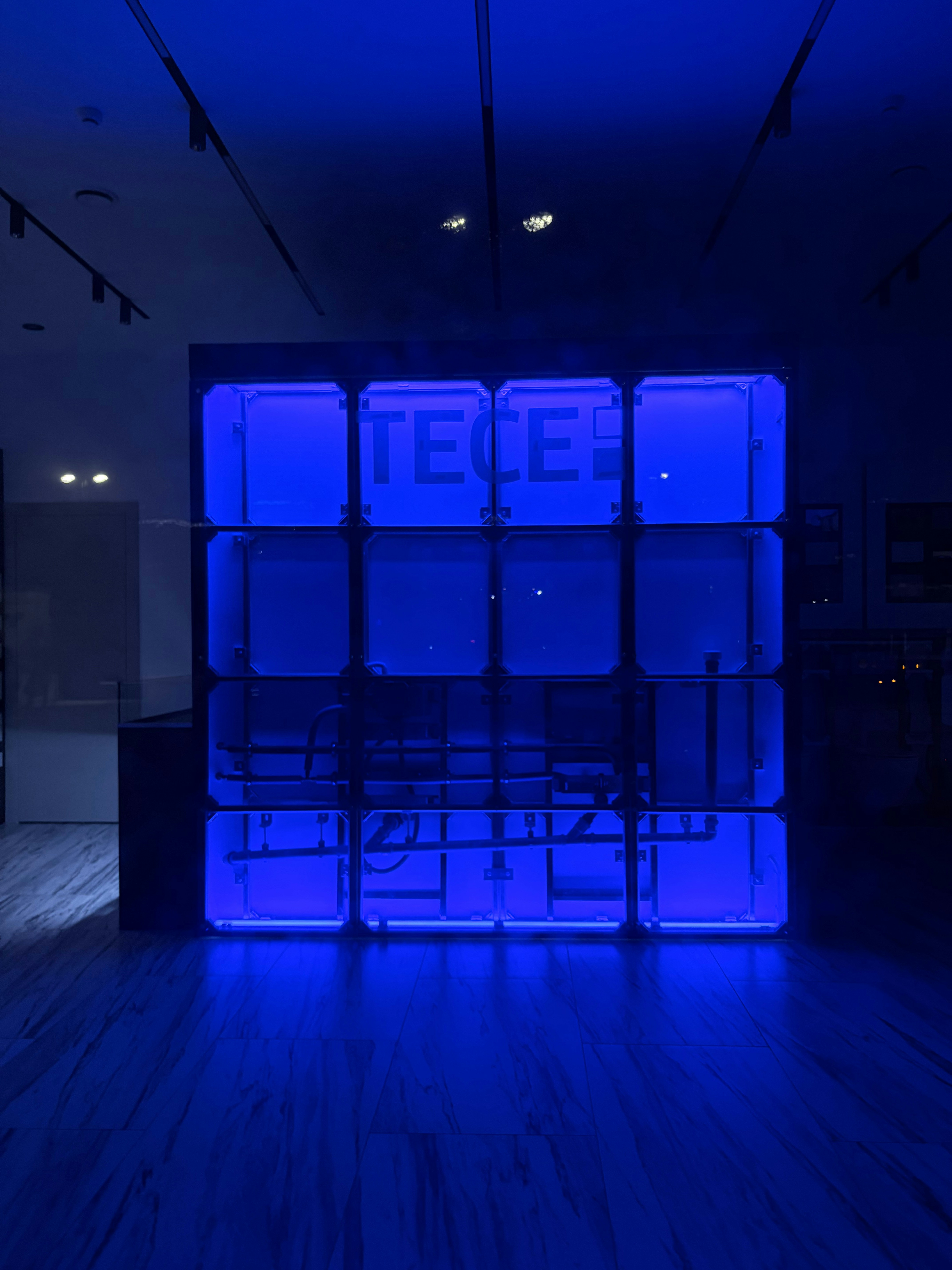 青い照明キューブを用いた現代的なディスプレイ