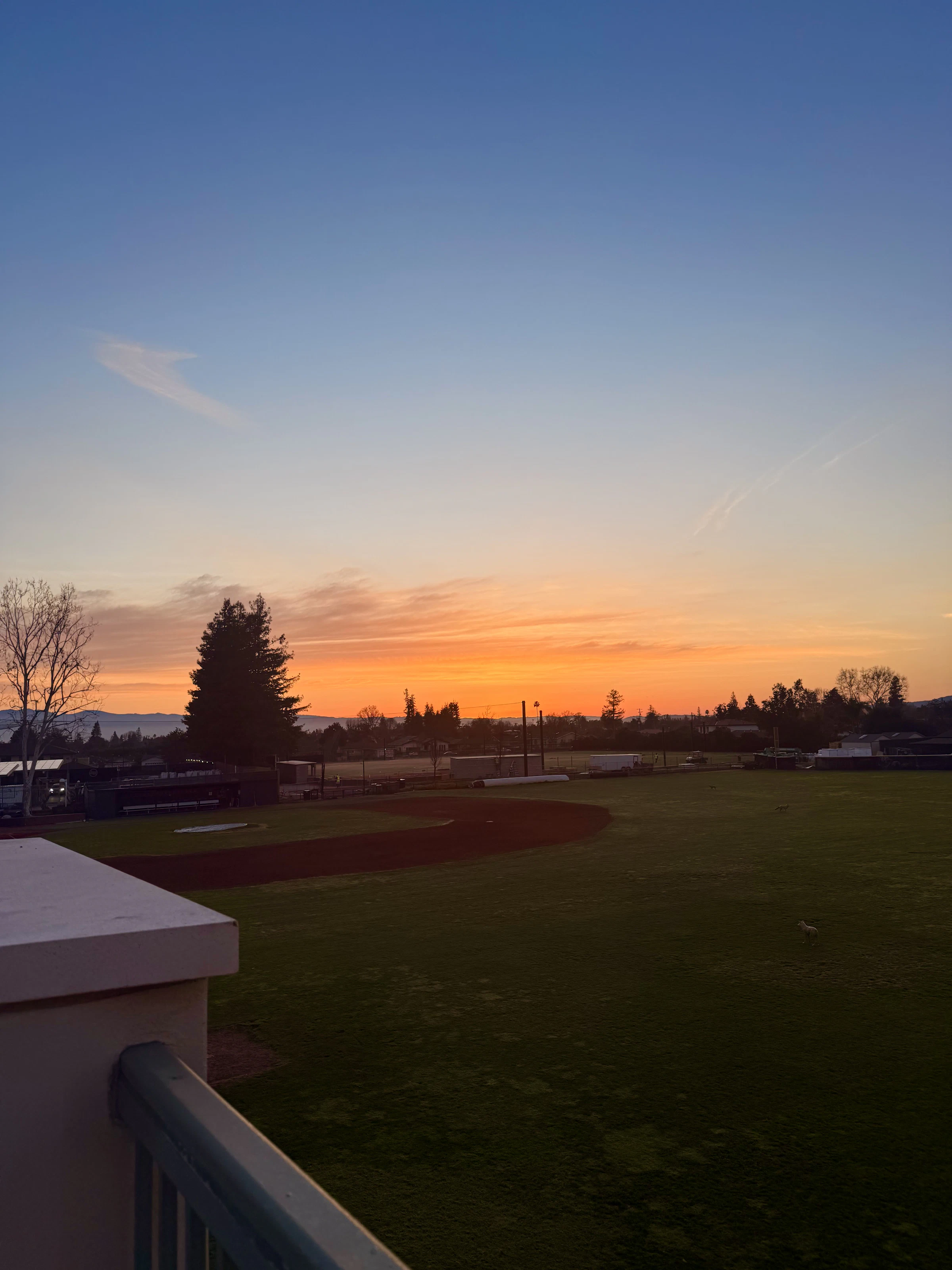 An open ball field at dusk, the dirt infield and outfield grass going grey under a low orange sky.