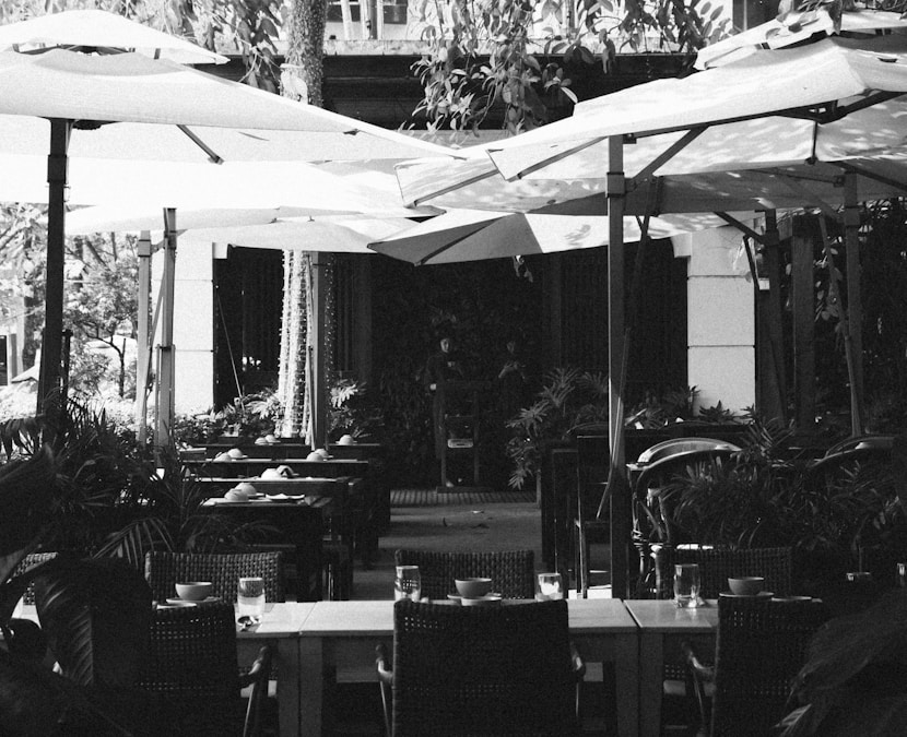 Outdoor patio dining scene with umbrellas and plants