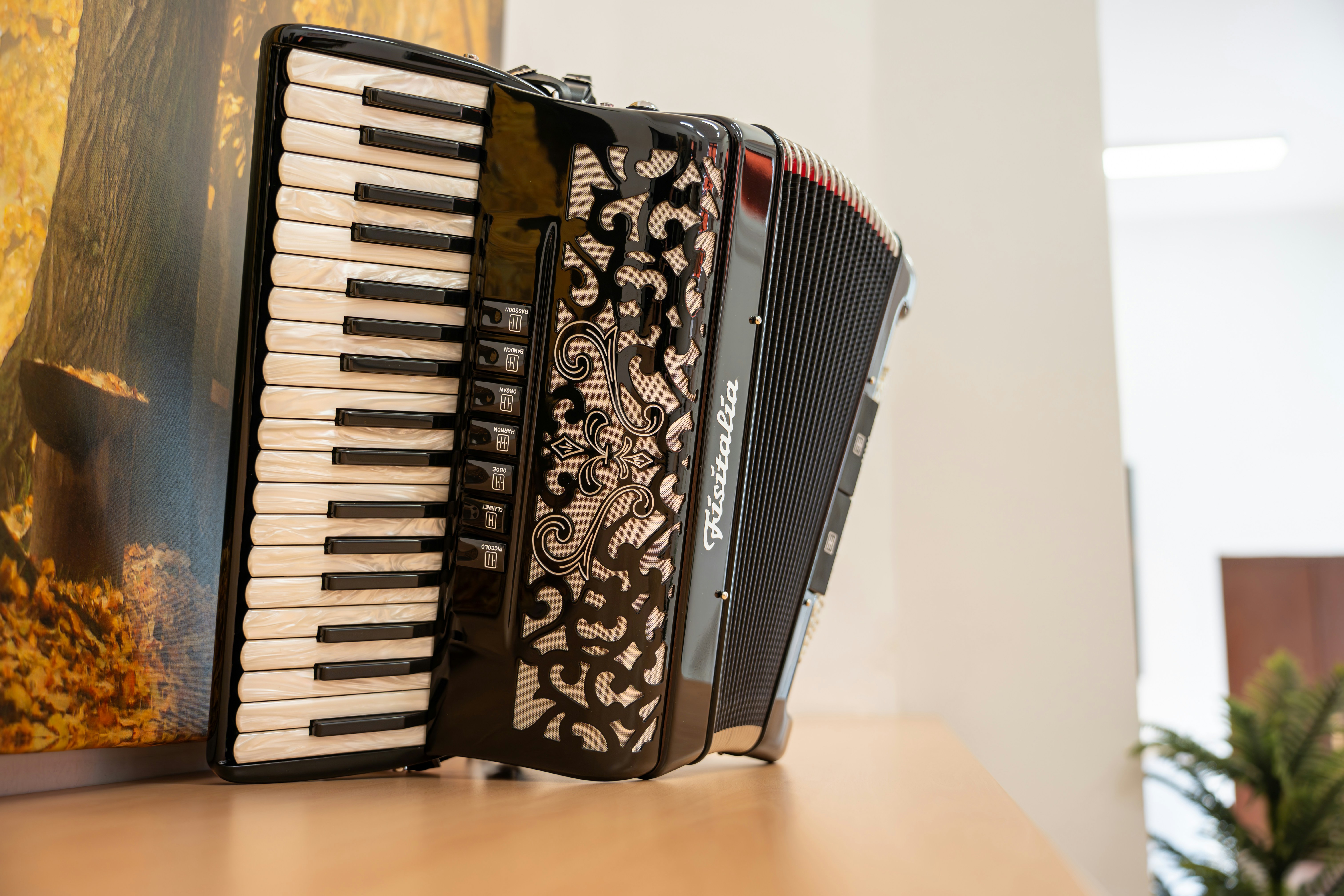 An accordion with a decorative design rests on a shelf