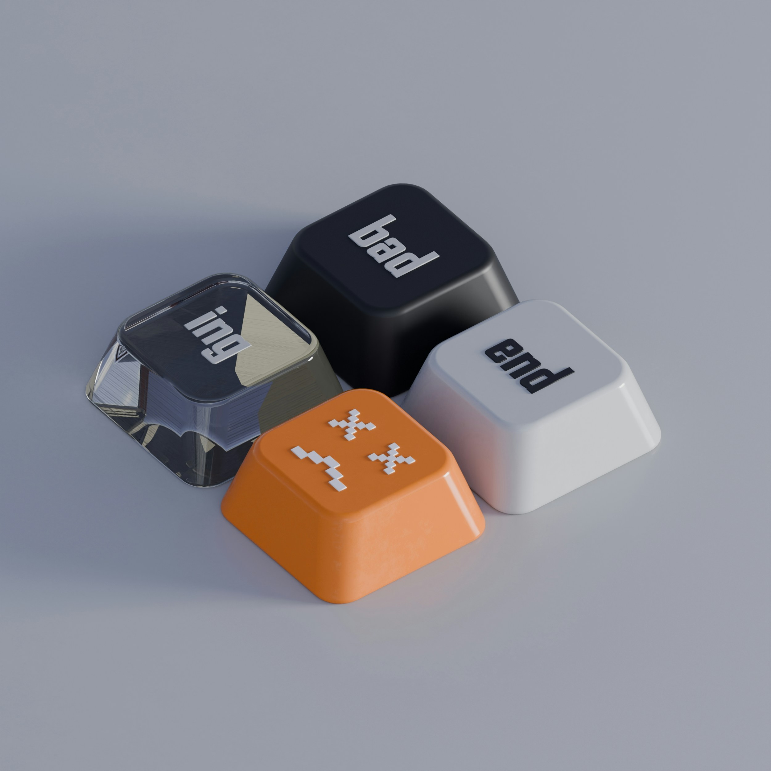 Four keyboard keys with words and symbols.