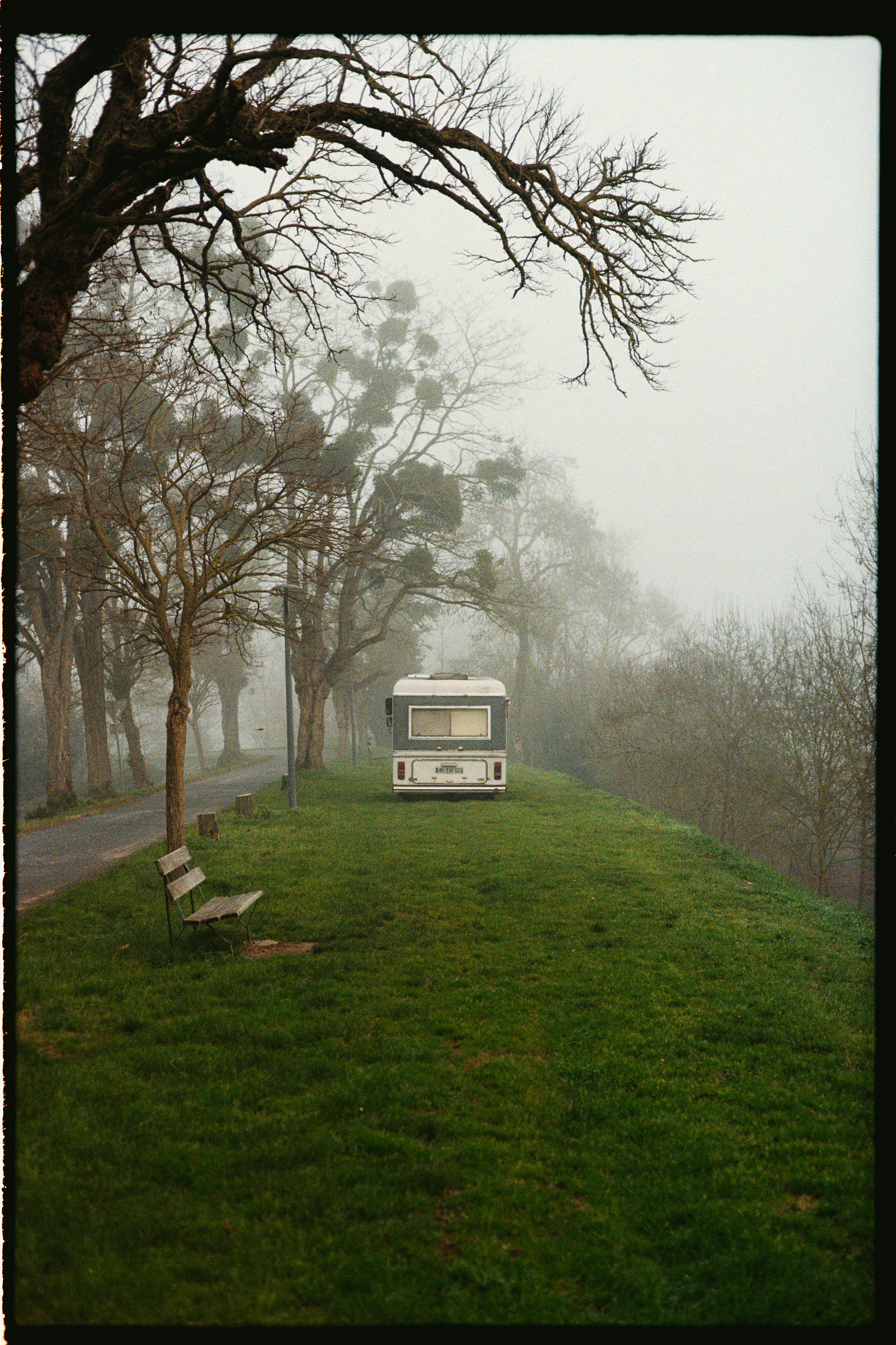Caravan parked on grassy hill with bare trees
