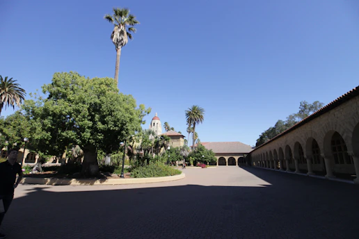 Courtyard with arched walkway and palm trees