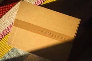 A cardboard box taped shut on a colorful rug