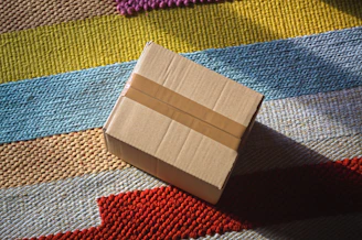A closed cardboard box sits on a striped rug.