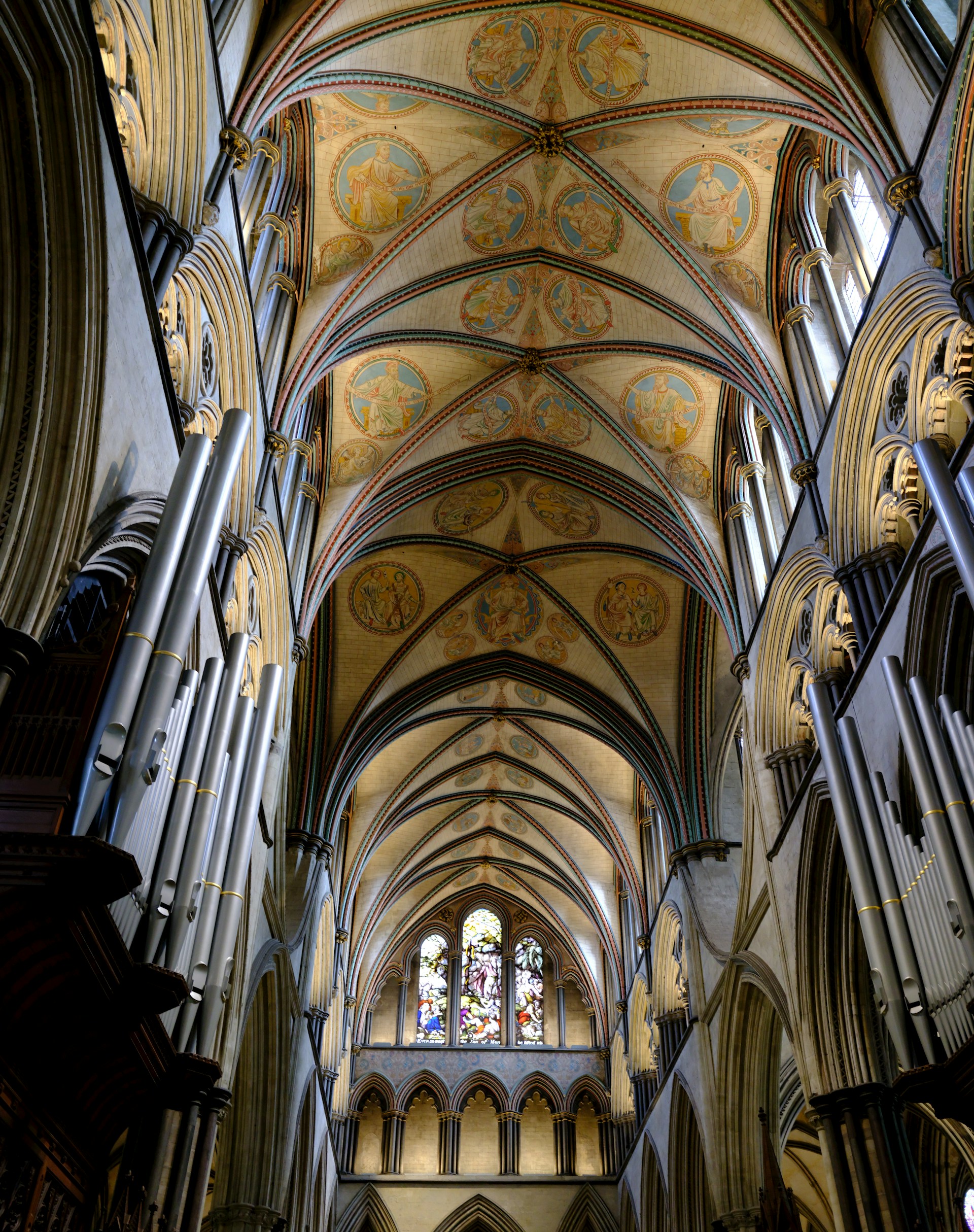 Ornate vaulted ceiling of a grand cathedral interior