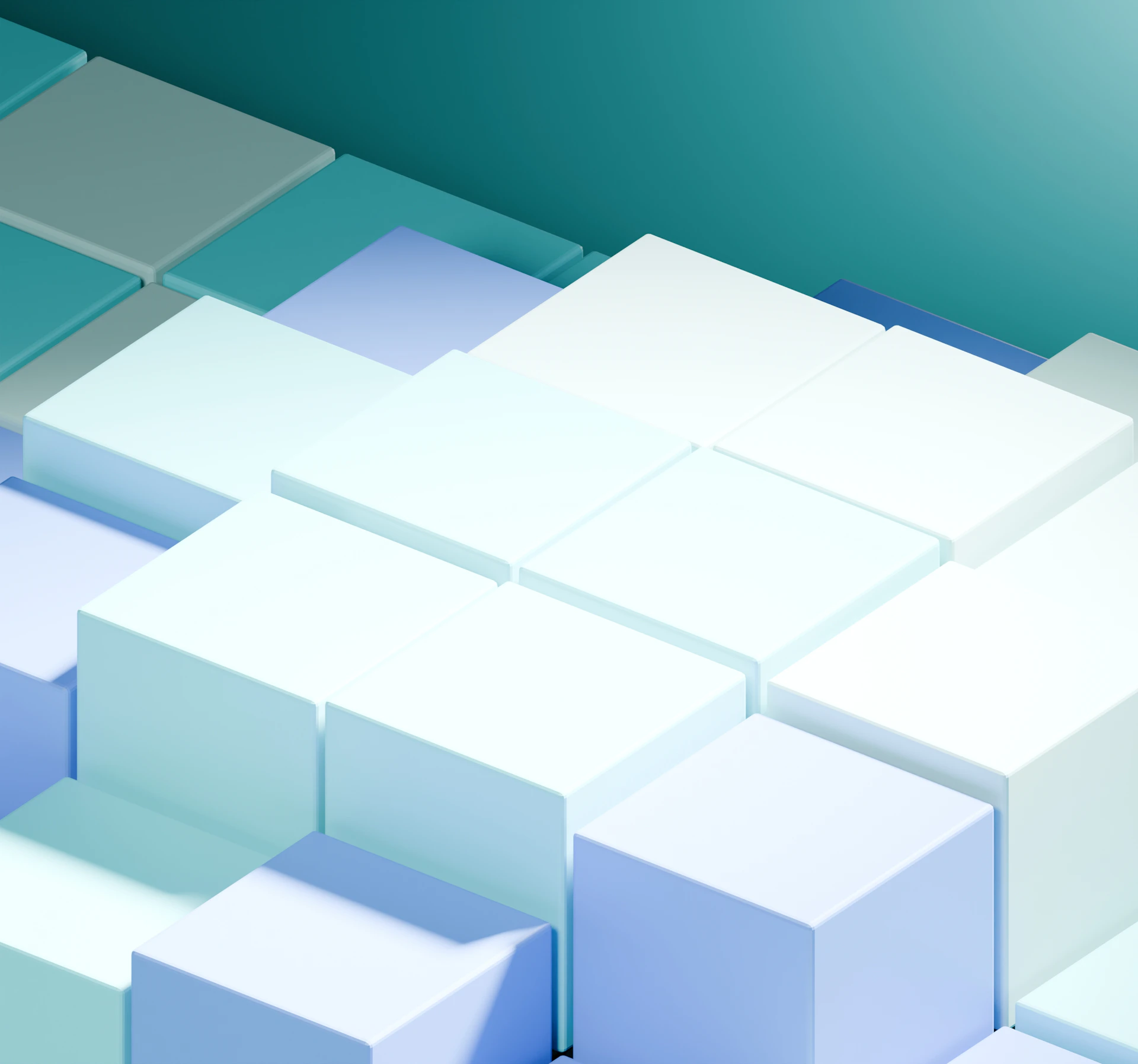 Abstract arrangement of light blue and white cubes