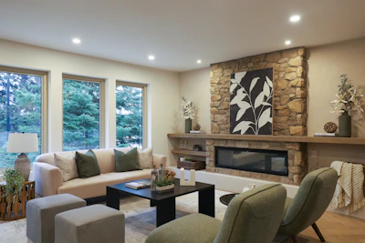 Cozy living room with stone fireplace and modern furniture.